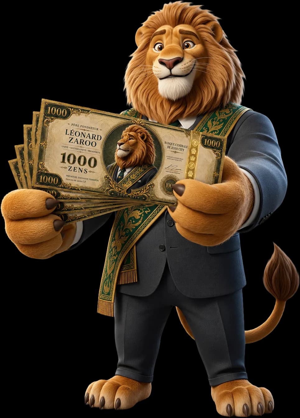 Léonard Zaroo, founding father of ZOZO CITY, holding a fan of 1,000-Zen banknotes