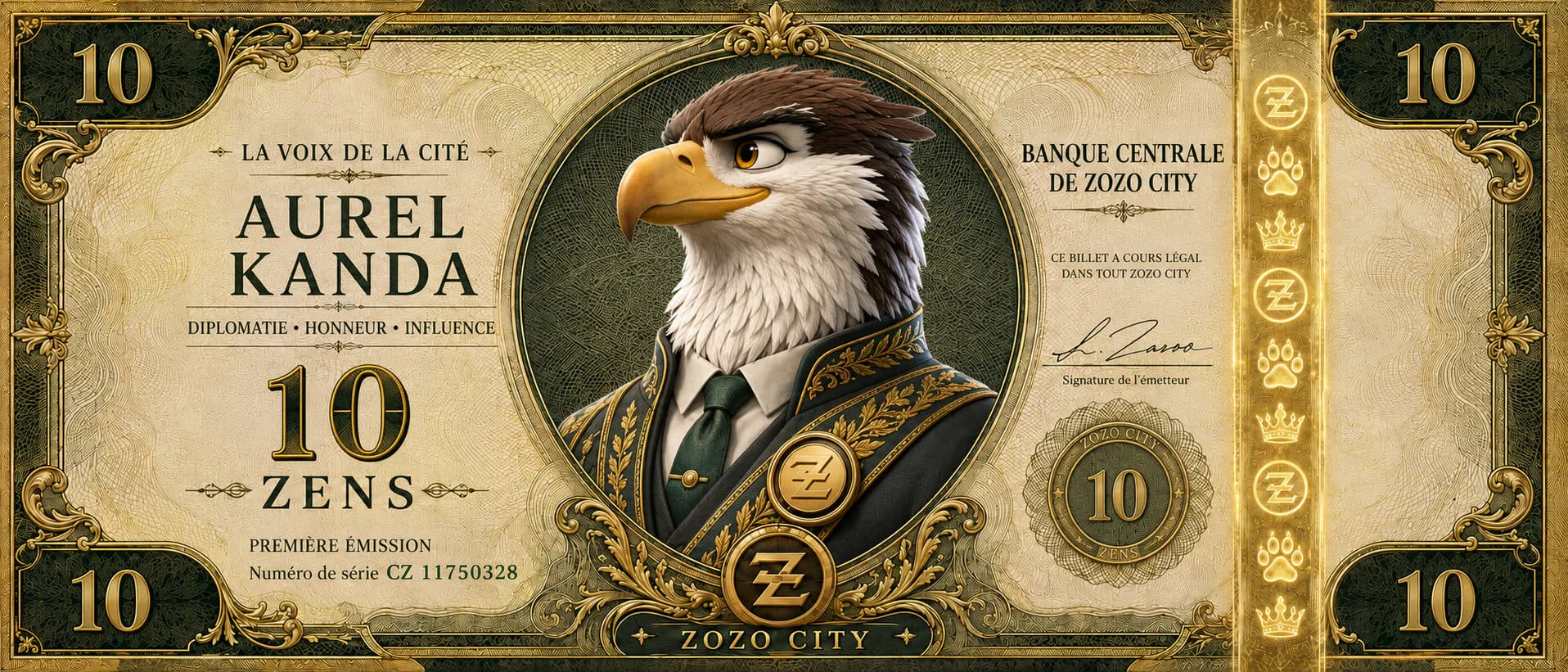 Official 10 ZENS banknote featuring Aurel Kanda, The Voice of the City