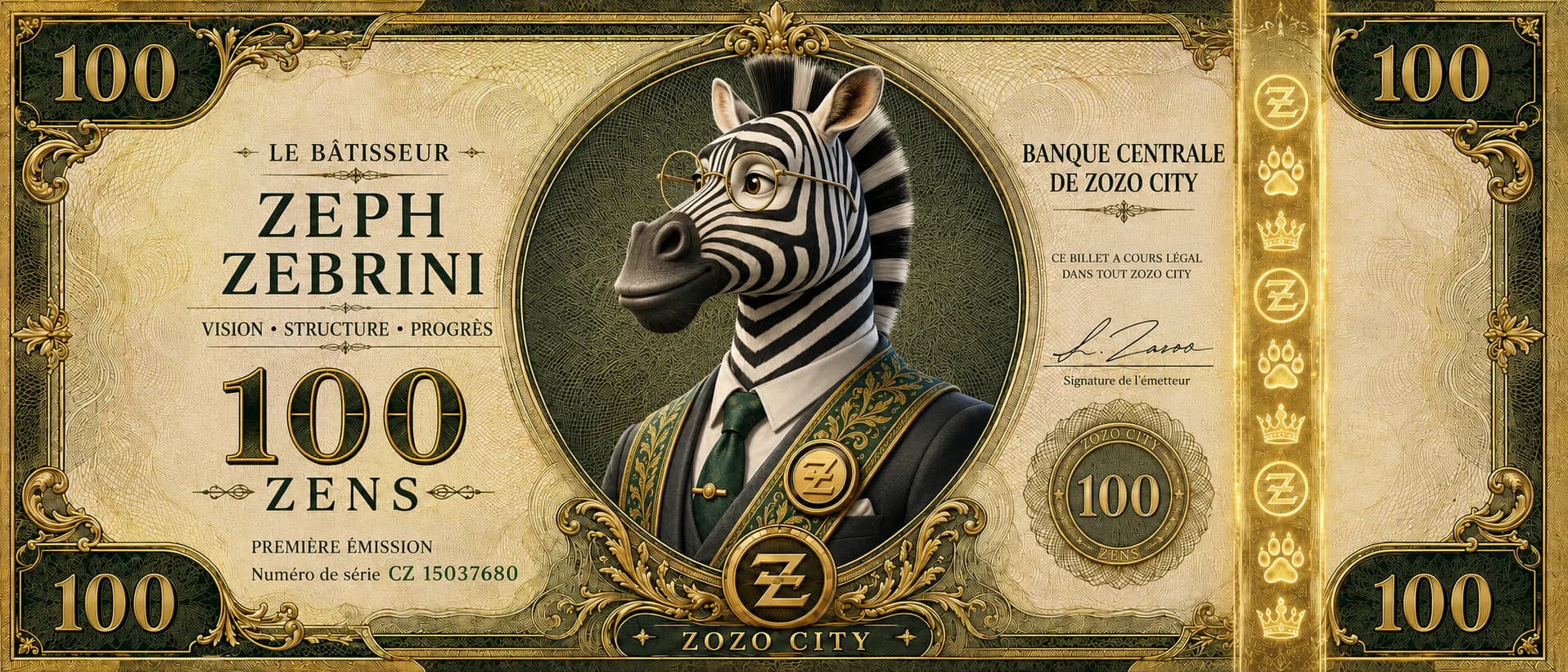 Official 100 ZENS banknote featuring Zeph Zebrini, The Builder