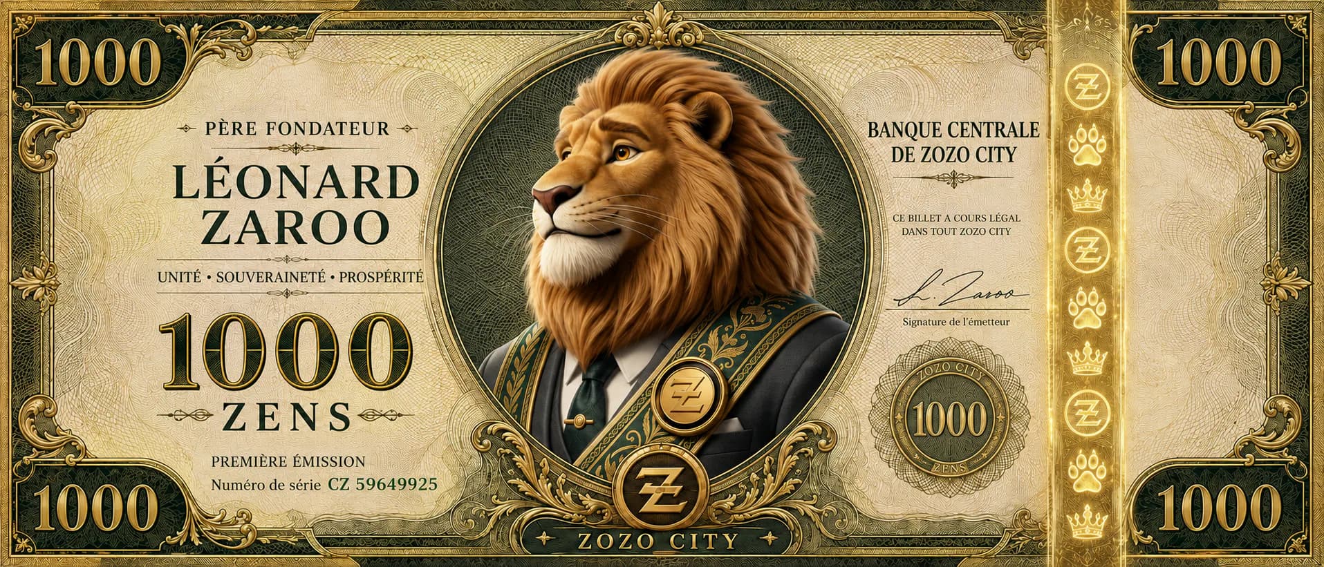 Official 1 000 ZENS banknote featuring Léonard Zaroo, Founding Father