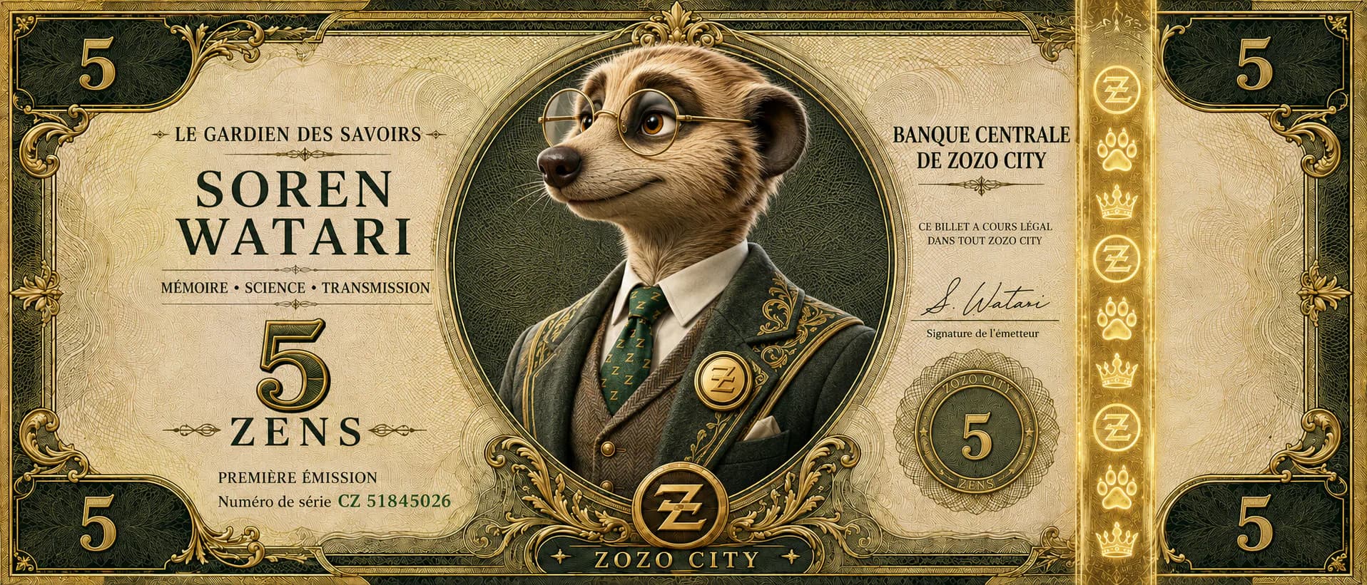 Official 5 ZENS banknote featuring Soren Watari, The Keeper of Knowledge