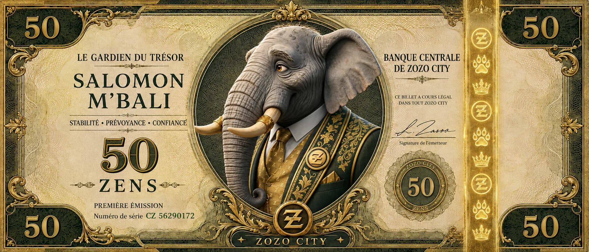 Official 50 ZENS banknote featuring Salomon M’Bali, The Keeper of the Treasury