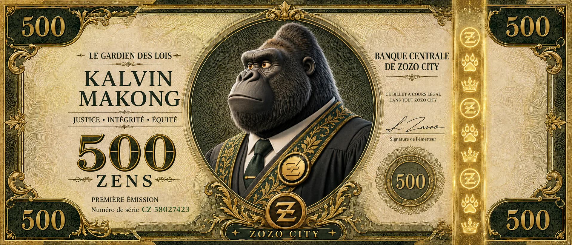 Official 500 ZENS banknote featuring Kalvin Makong, The Keeper of the Laws