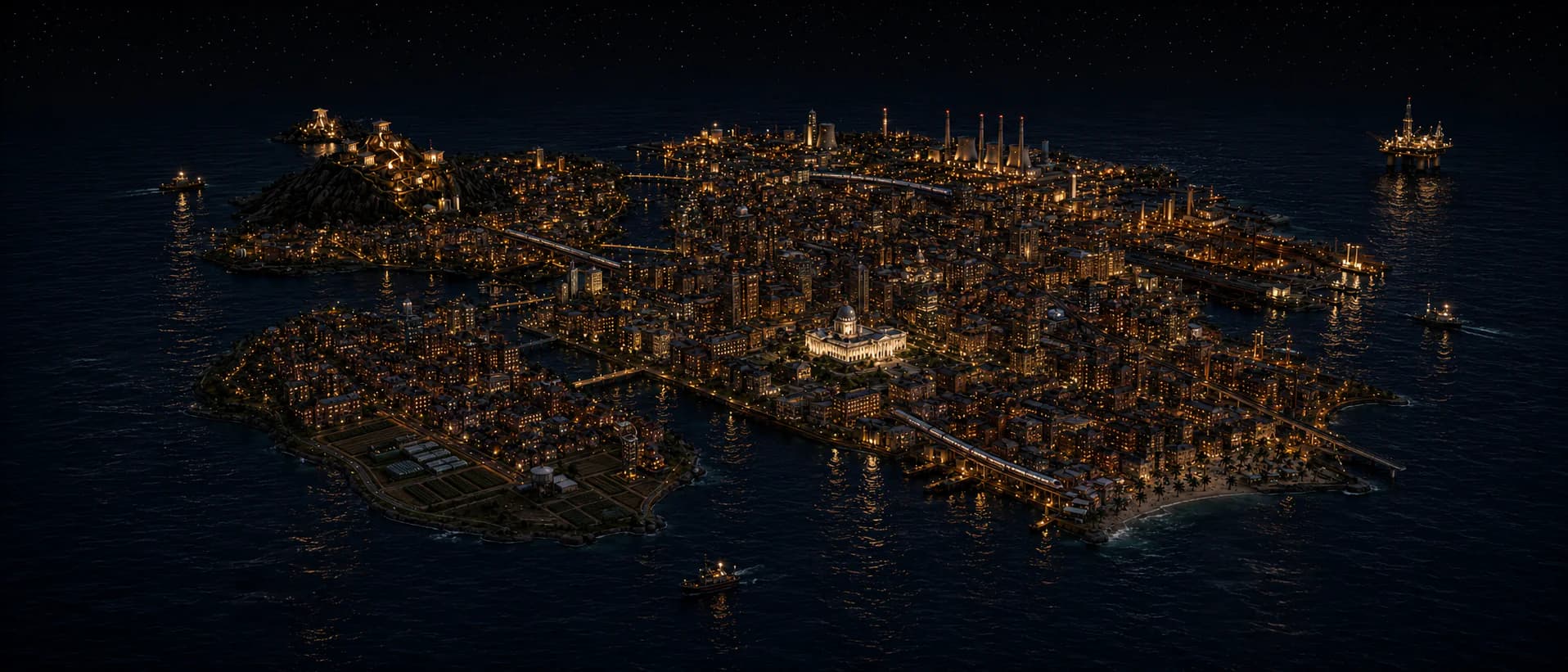 Night aerial view of ZOZO CITY surrounded by the sea