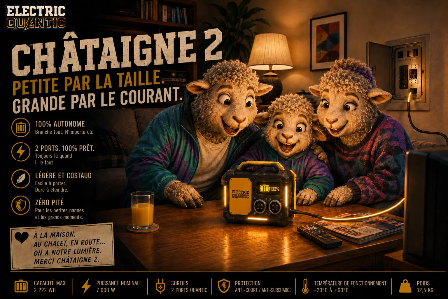 Electric Quantic ad showing a family of sheep gathered around a Châtaigne 2 battery