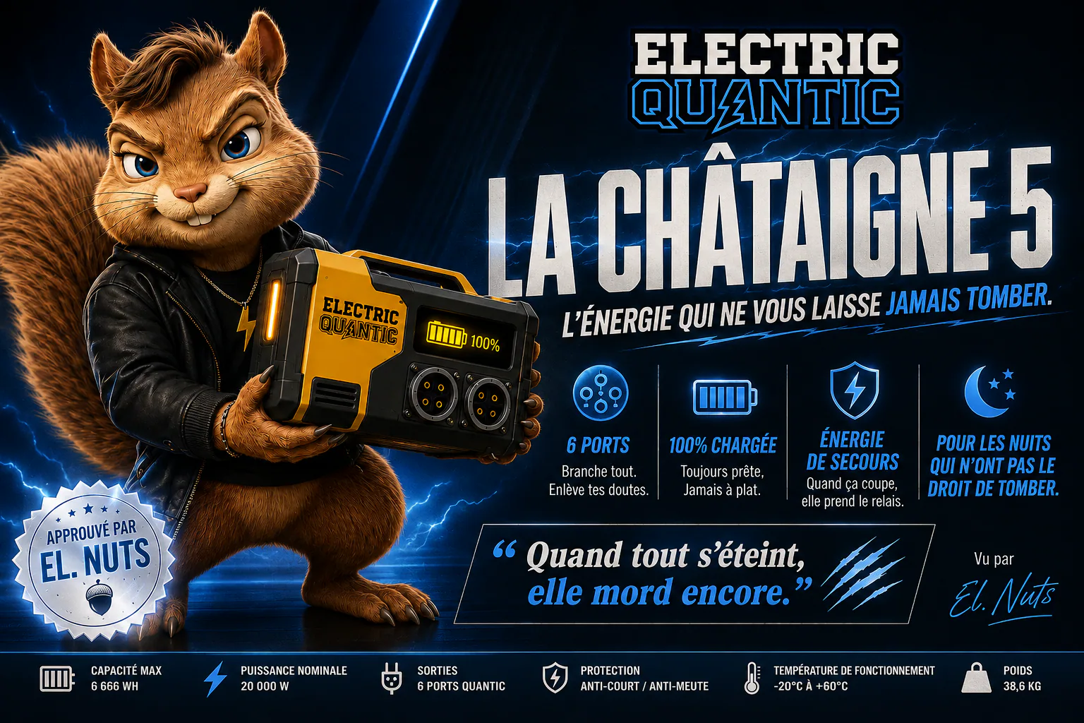 Electric Quantic ad showing a squirrel presenting the Châtaigne 5 battery