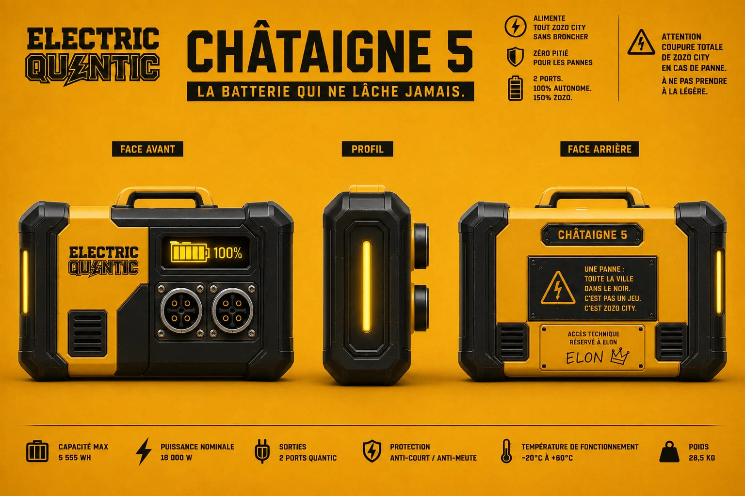 Technical front, side and rear views of Electric Quantic’s Châtaigne 5 battery