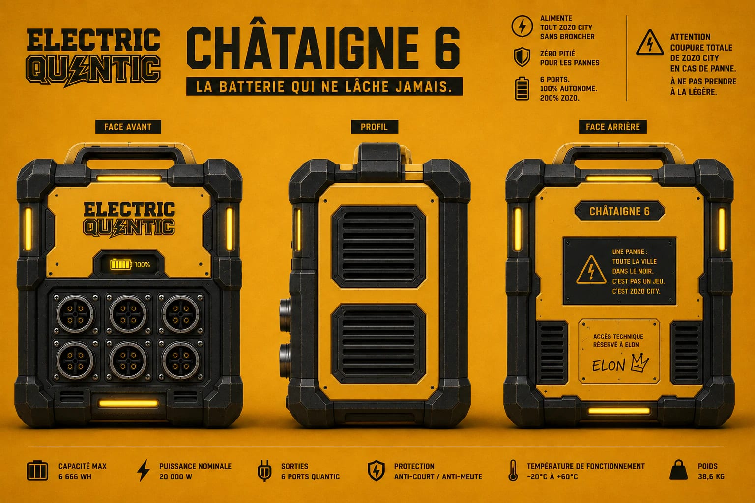 Technical front, side and rear views of Electric Quantic’s Châtaigne 6 battery
