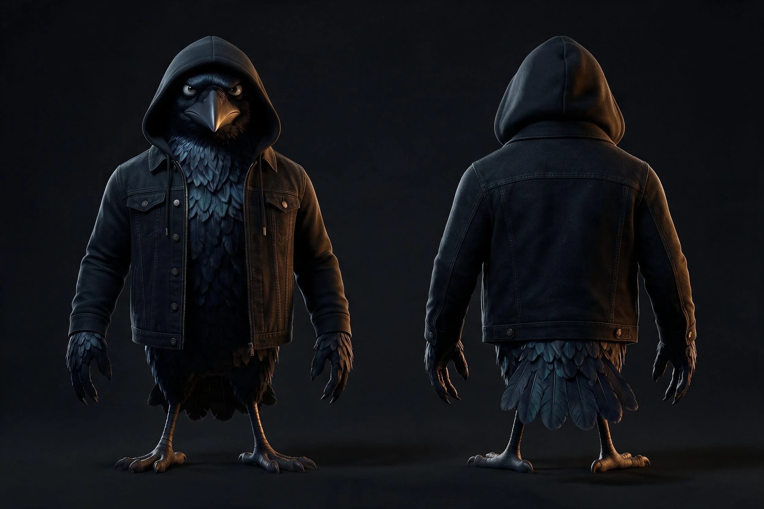 Planche de référence de CROW de face et de dos dans sa veste noire à capuche