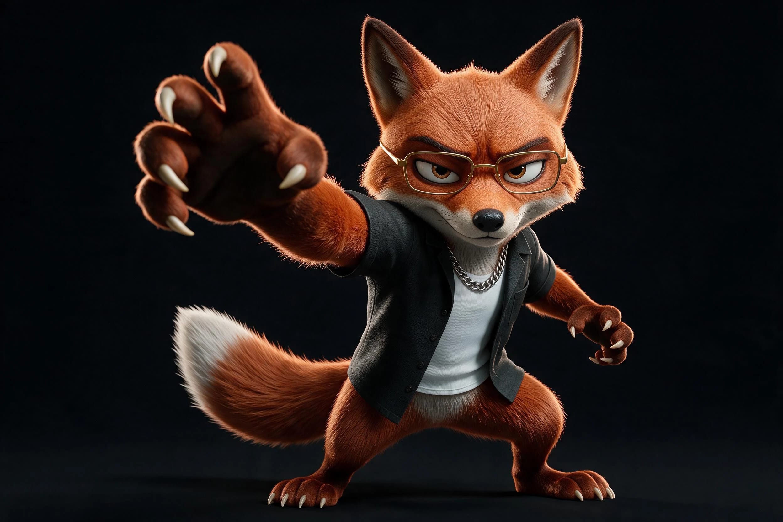 D-FOX en pose de acción con su camisa negra