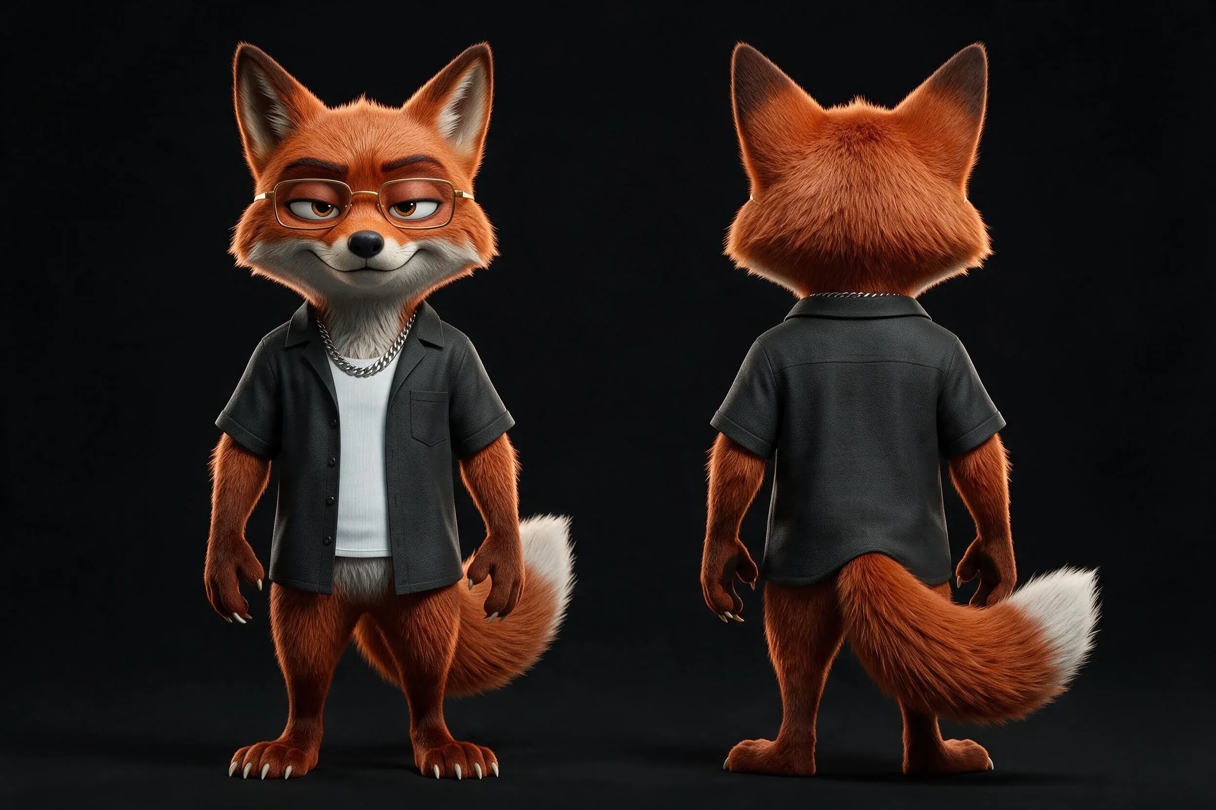 Hoja de referencia de D-FOX de frente y de espalda con su camisa negra