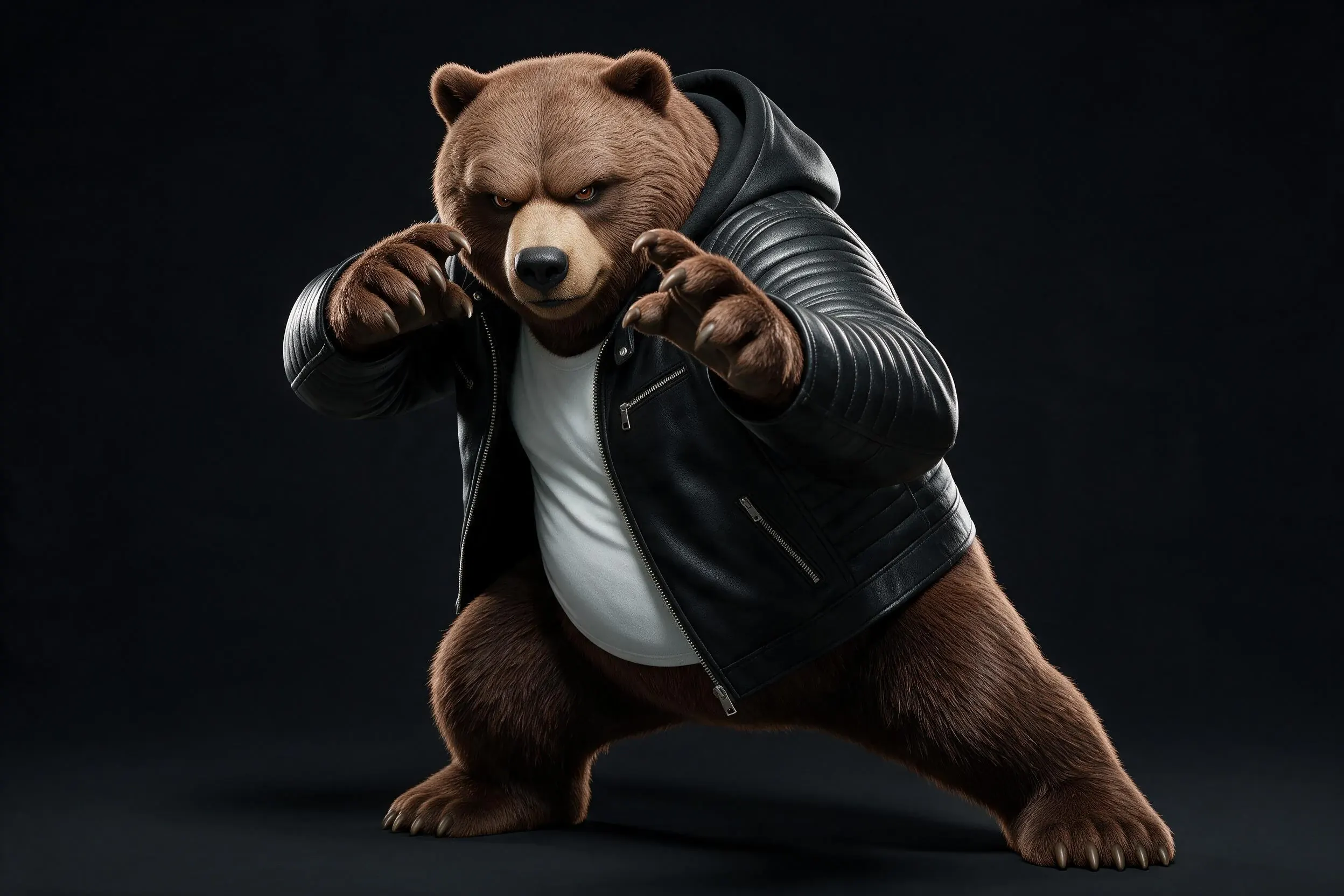 GRIZZ LEE en postura de combate con su chaqueta de cuero negra