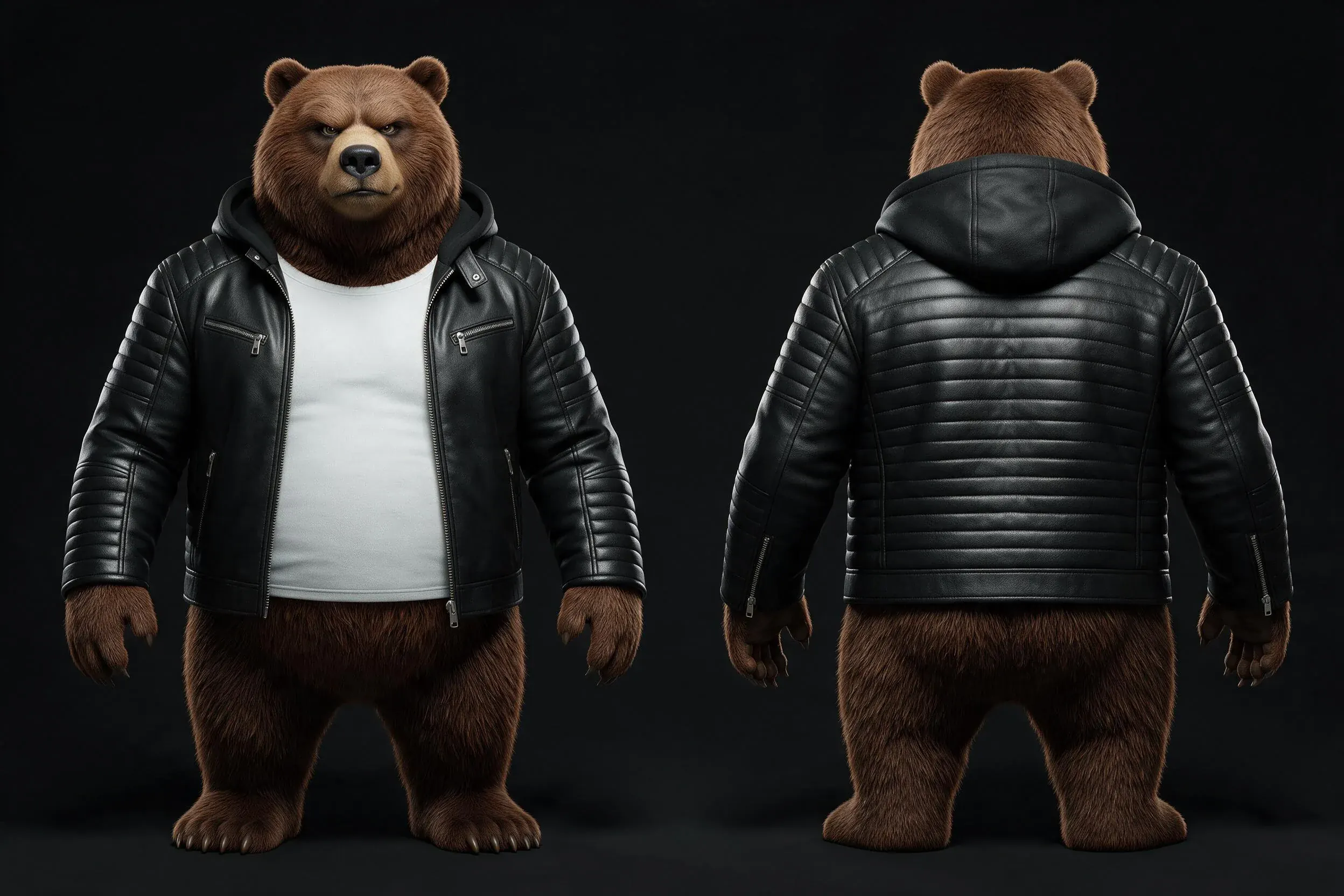 Hoja de referencia de GRIZZ LEE de frente y de espalda con su chaqueta de cuero negra