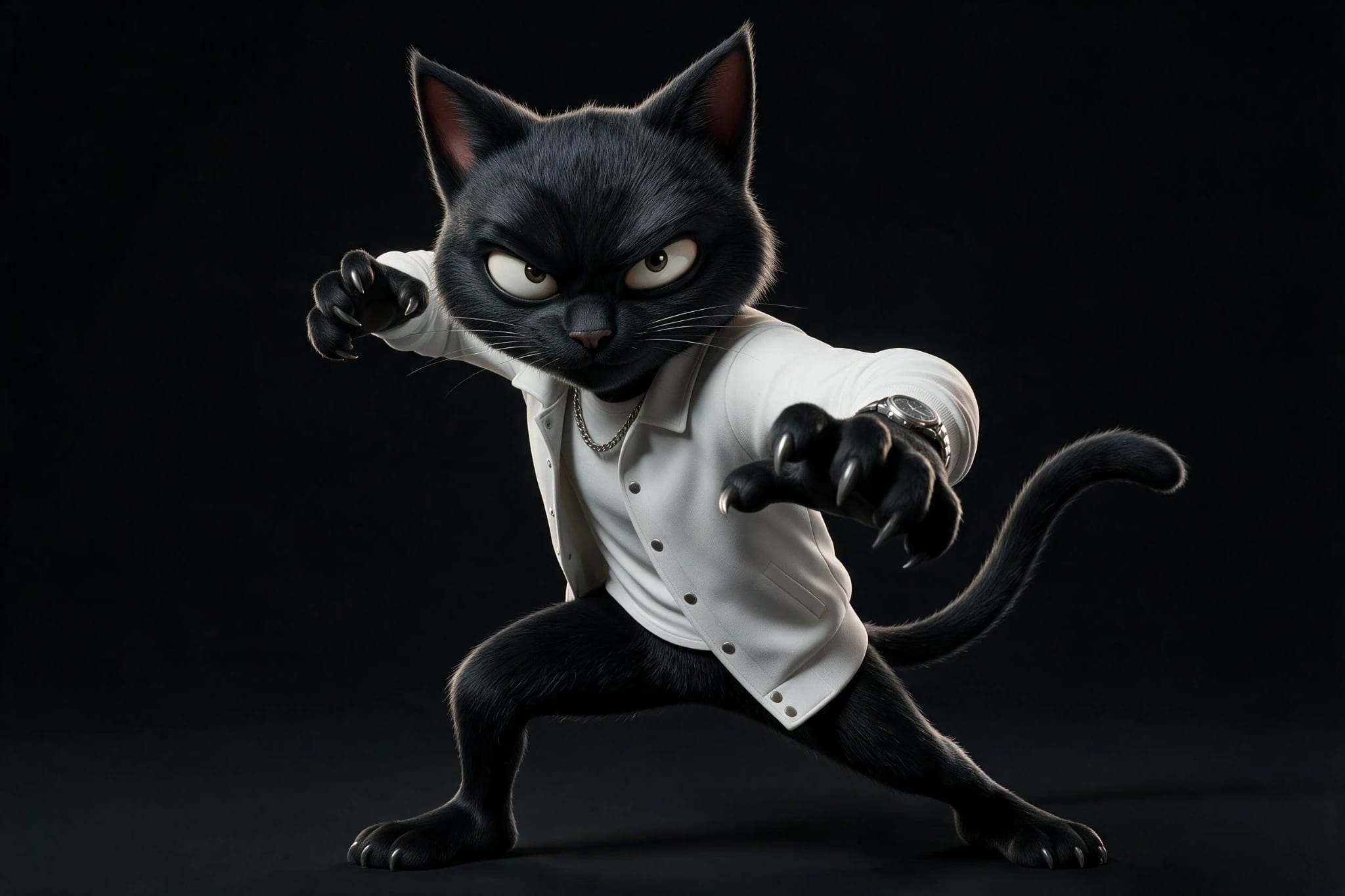 SPYKAT en posture d’action dans sa tenue blanche