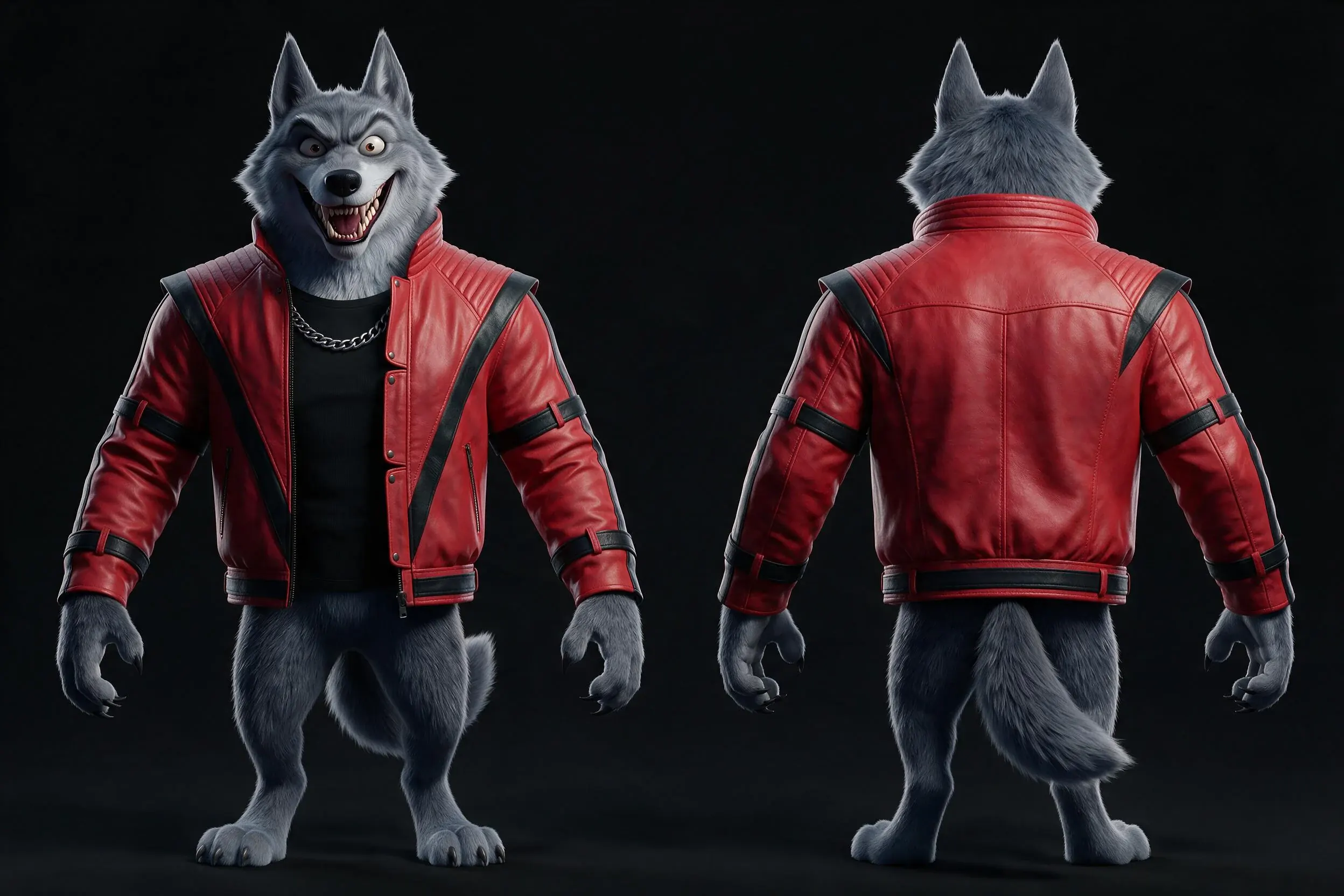 Hoja de referencia de THRILL de frente y de espalda con su chaqueta roja