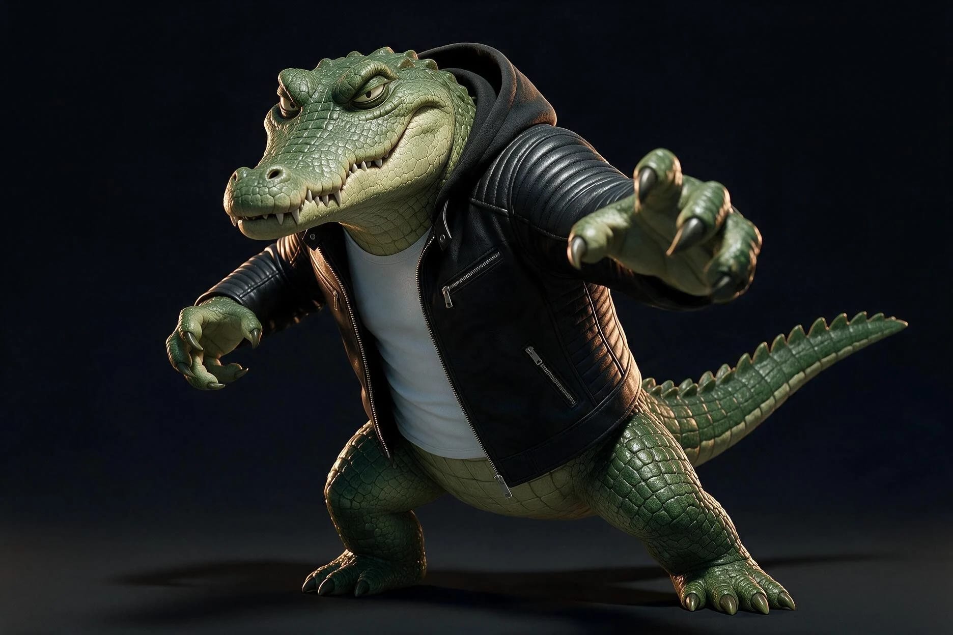 KROKOSS en posture d'action avec sa veste noire