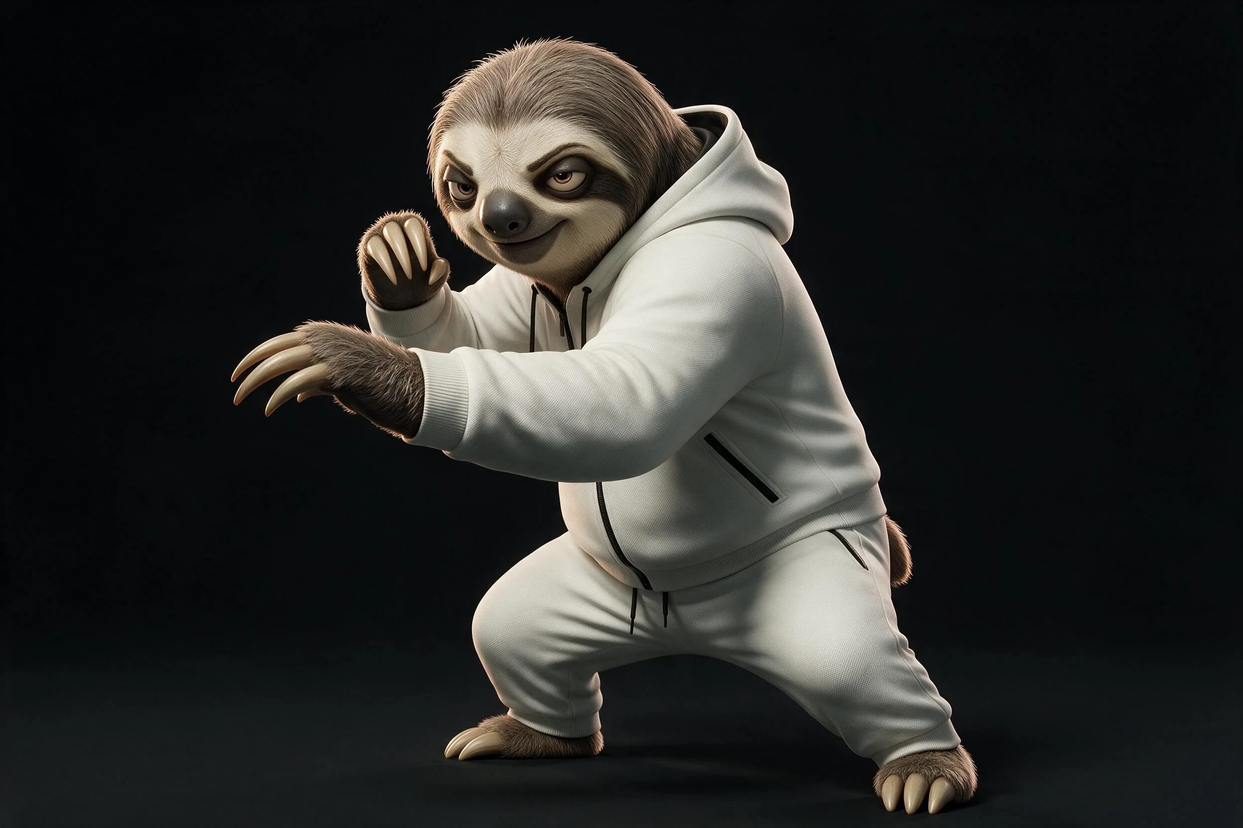 SPEED RUN prend une pose de garde dans son survêtement blanc