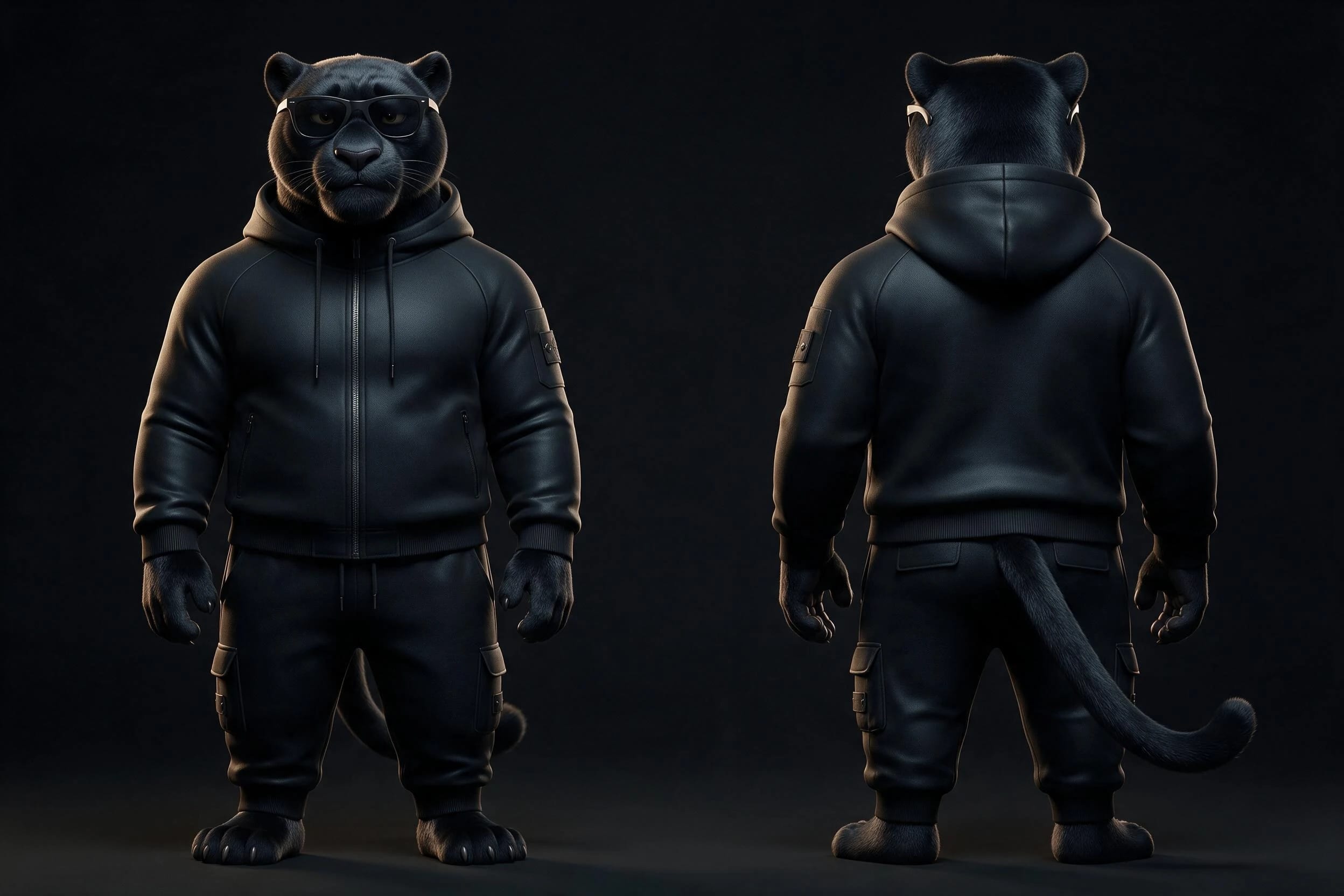 T-BLACK présenté de face et de dos dans sa tenue noire