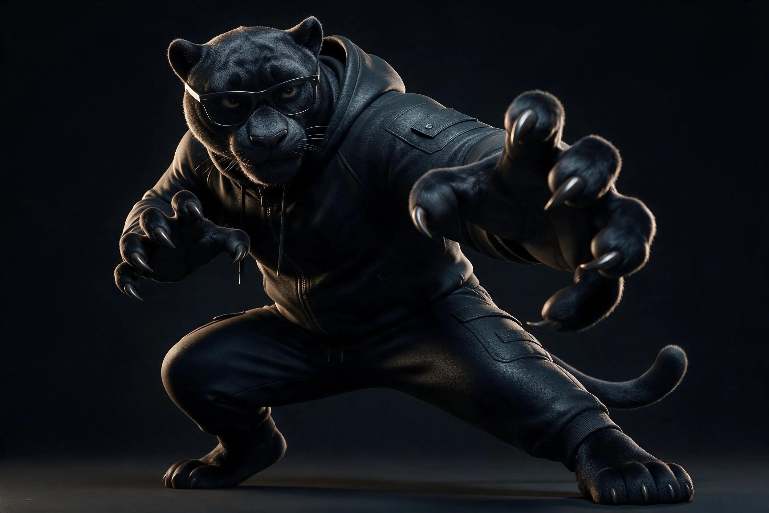 T-BLACK prend une pose d’attaque en montrant les griffes
