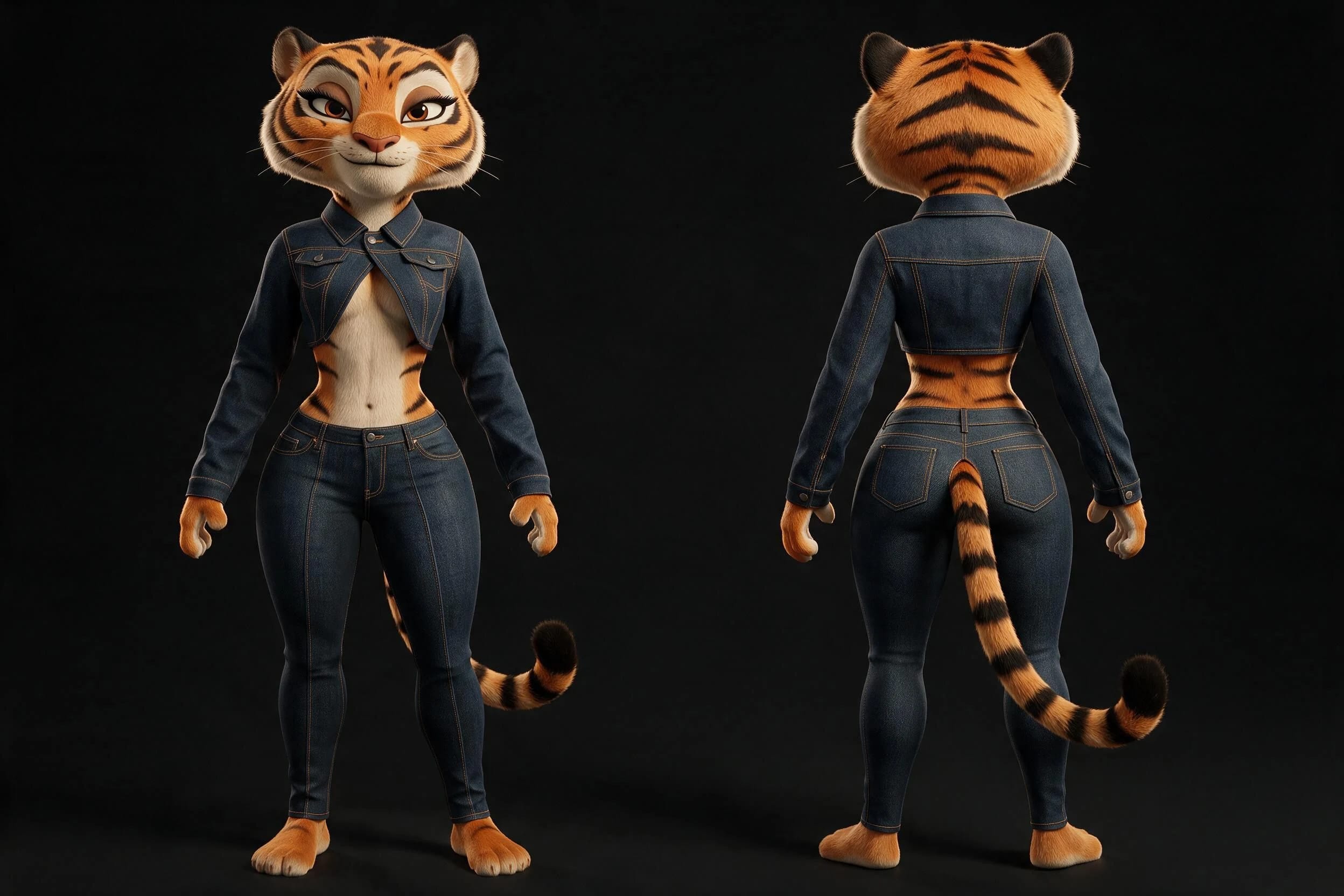 TIGRA WHITE présentée de face et de dos dans sa tenue en denim