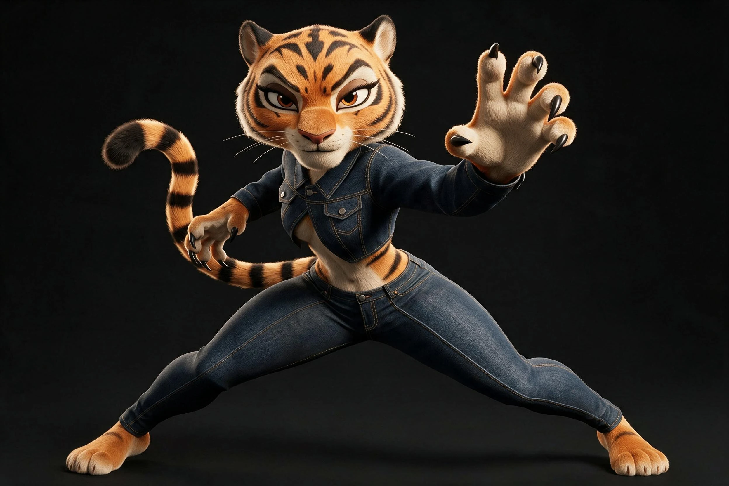 TIGRA WHITE prend une pose de combat dans sa tenue en denim