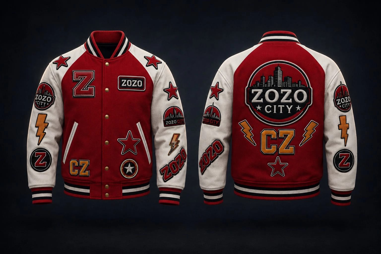 Blouson rouge de X-WING présenté de face et de dos avec ses écussons ZOZO CITY