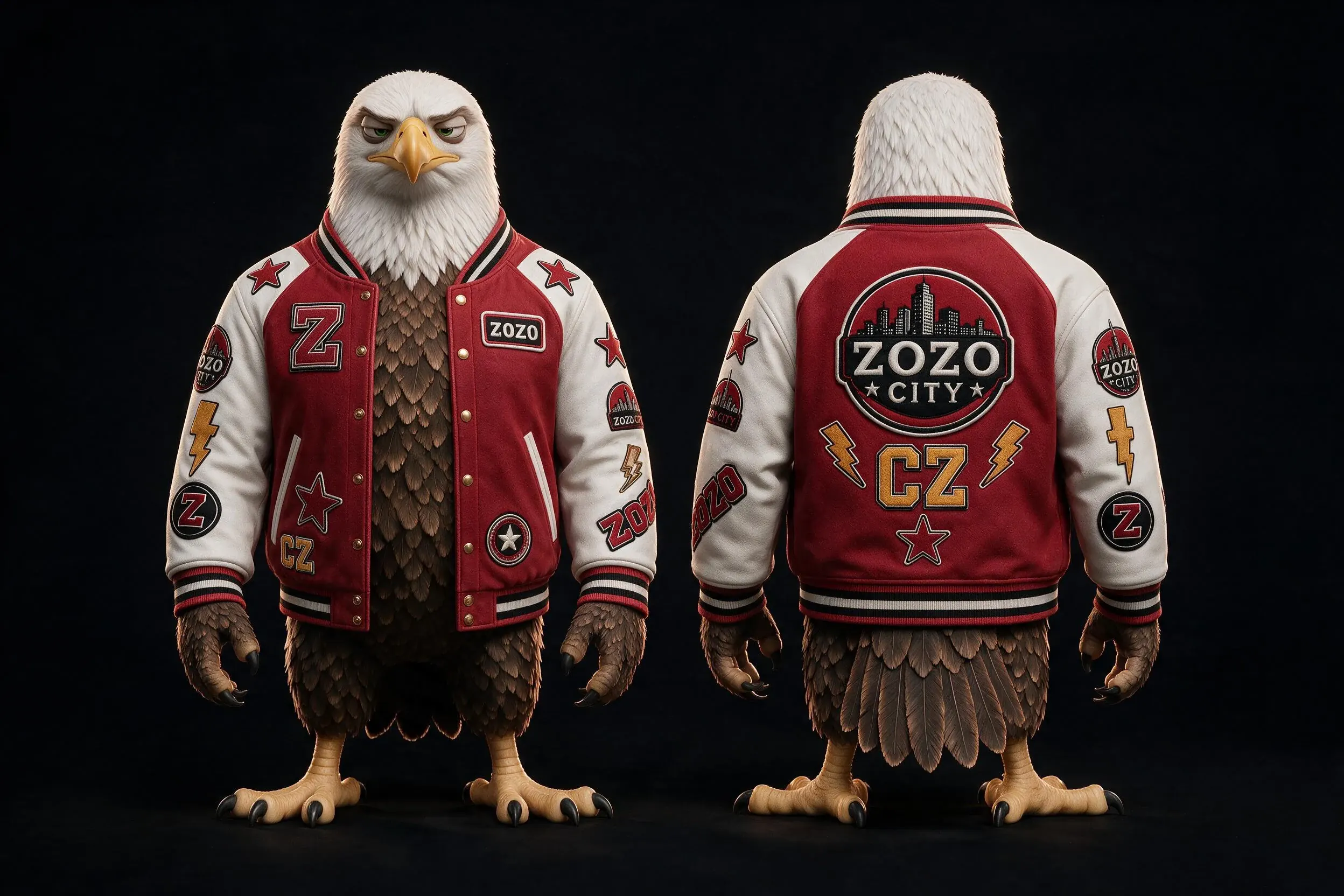 X-WING présenté de face et de dos dans son blouson rouge ZOZO CITY
