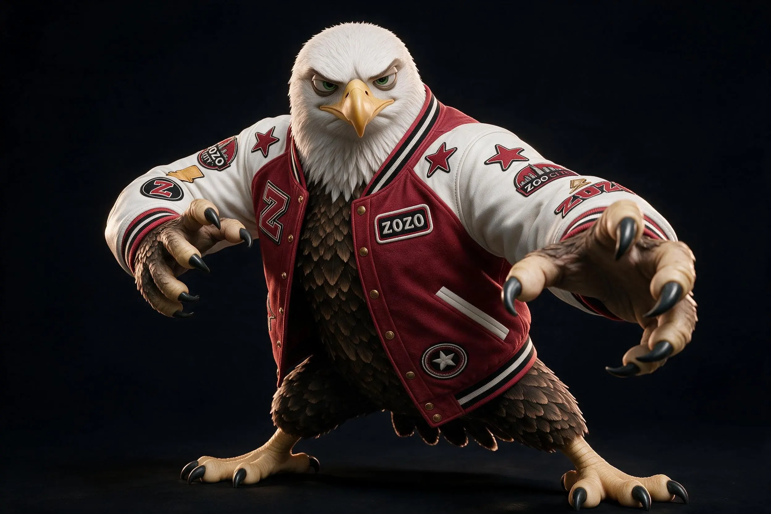 X-WING prend une pose d’attaque dans son blouson rouge