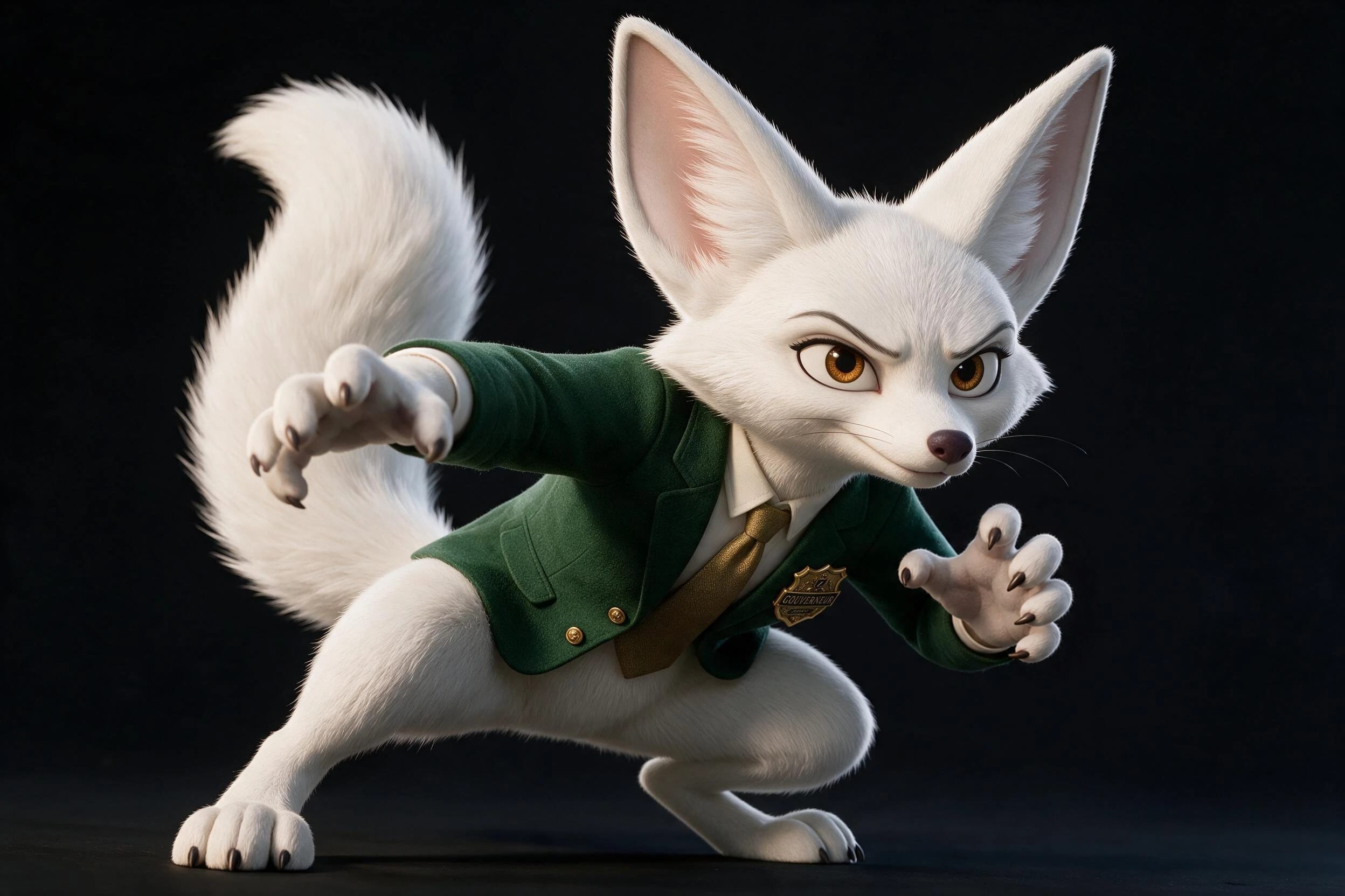FINN NEXX prend une posture d’action dans son costume vert