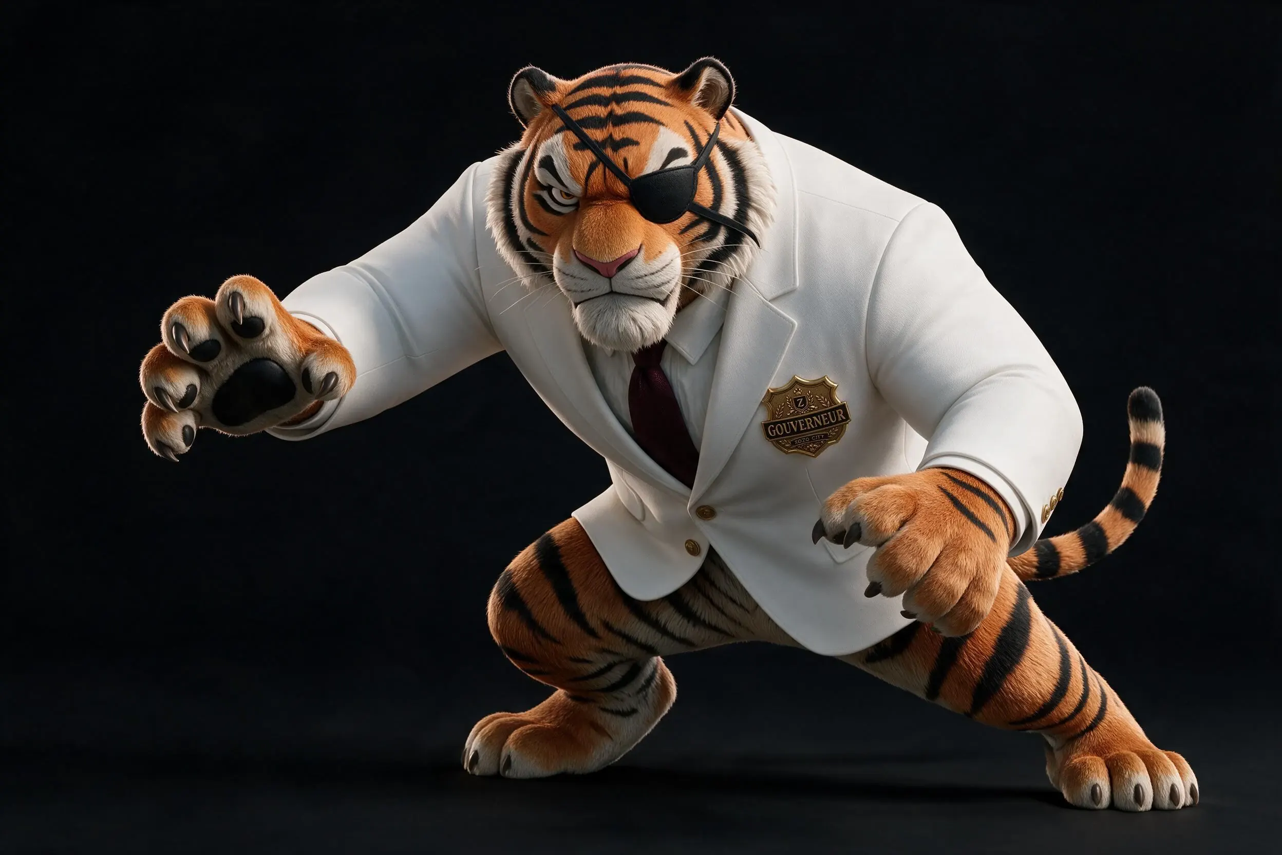 MARCUS WHITE prend une posture d’action dans son costume blanc