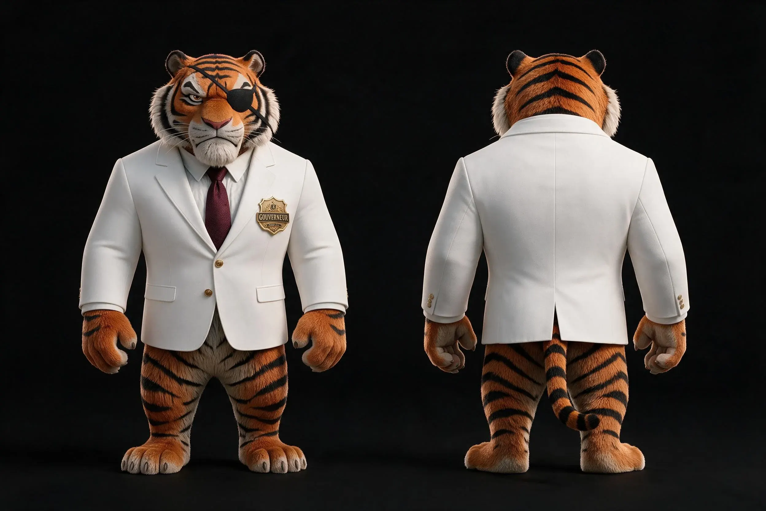 MARCUS WHITE présenté de face et de dos dans son costume blanc