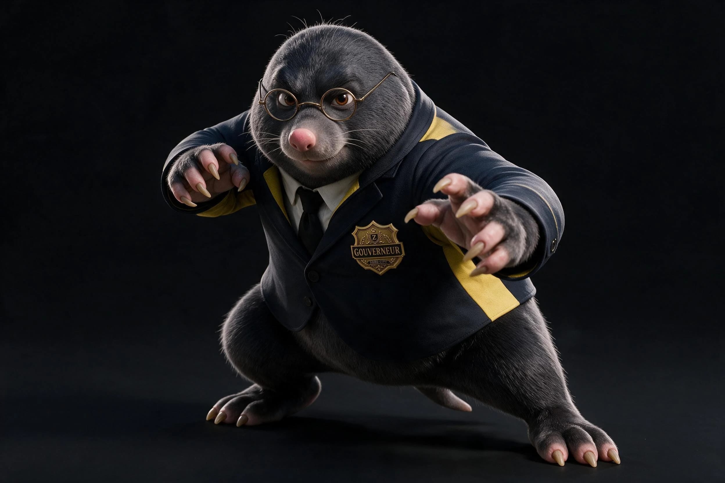 MOSE NOZE prend une posture d’action dans son costume noir et jaune