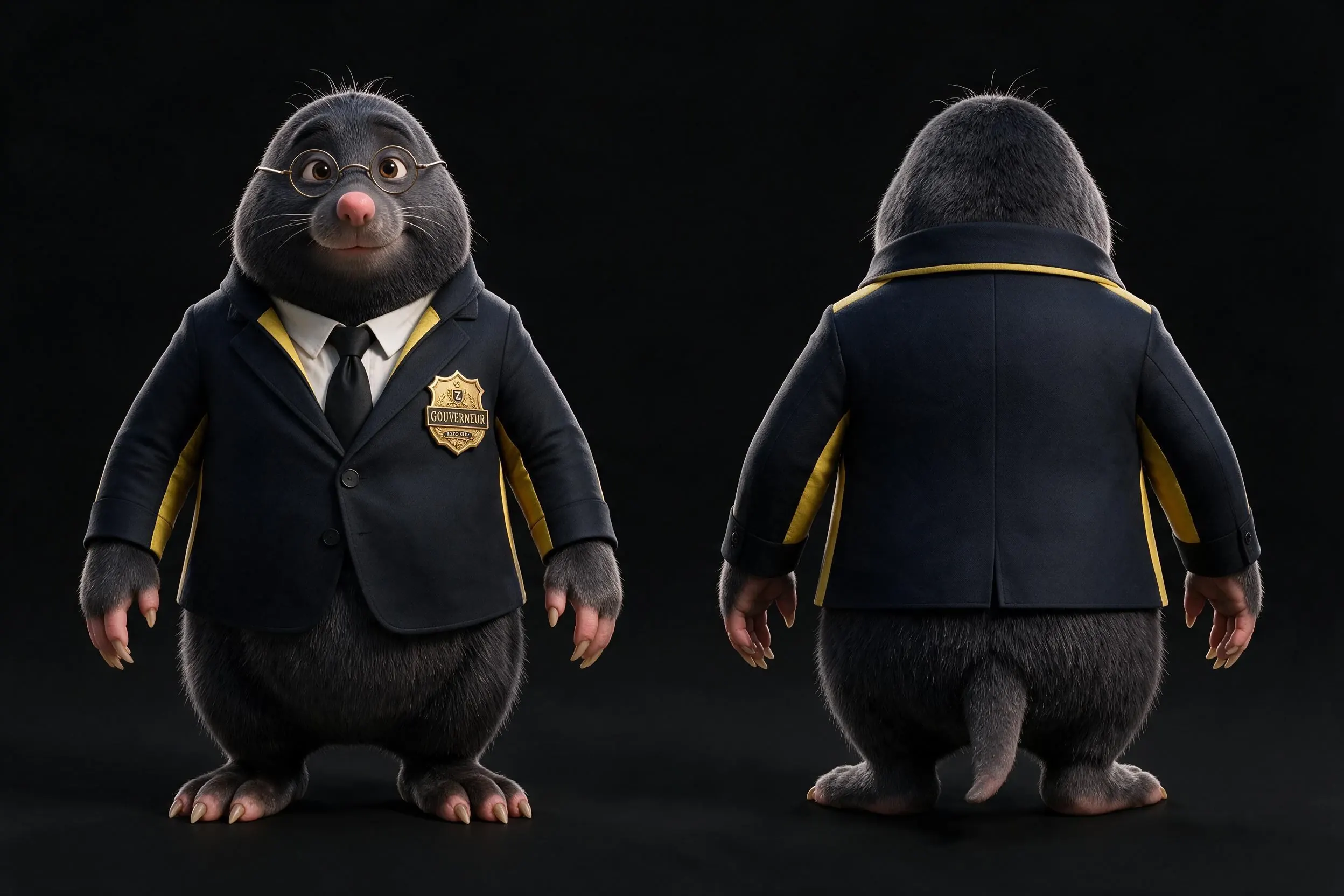 MOSE NOZE présenté de face et de dos dans son costume noir et jaune