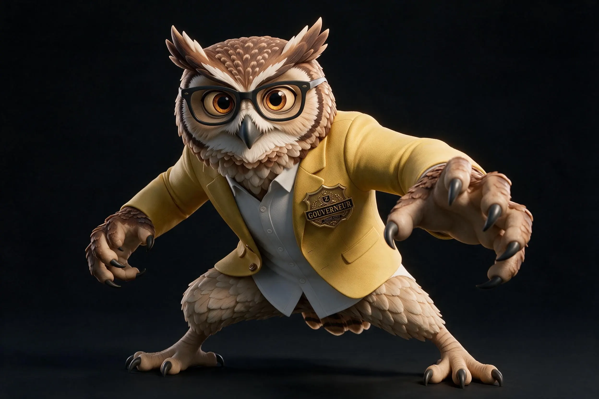 NITE HOOTER prend une posture d’action dans sa veste jaune