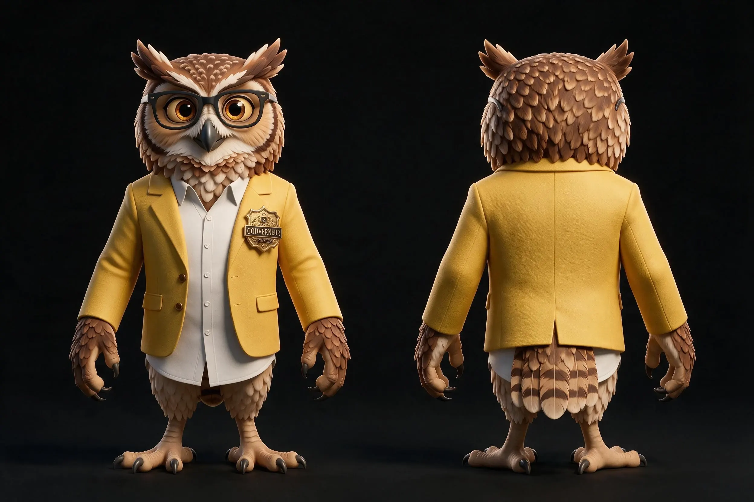 NITE HOOTER présenté de face et de dos dans sa veste jaune