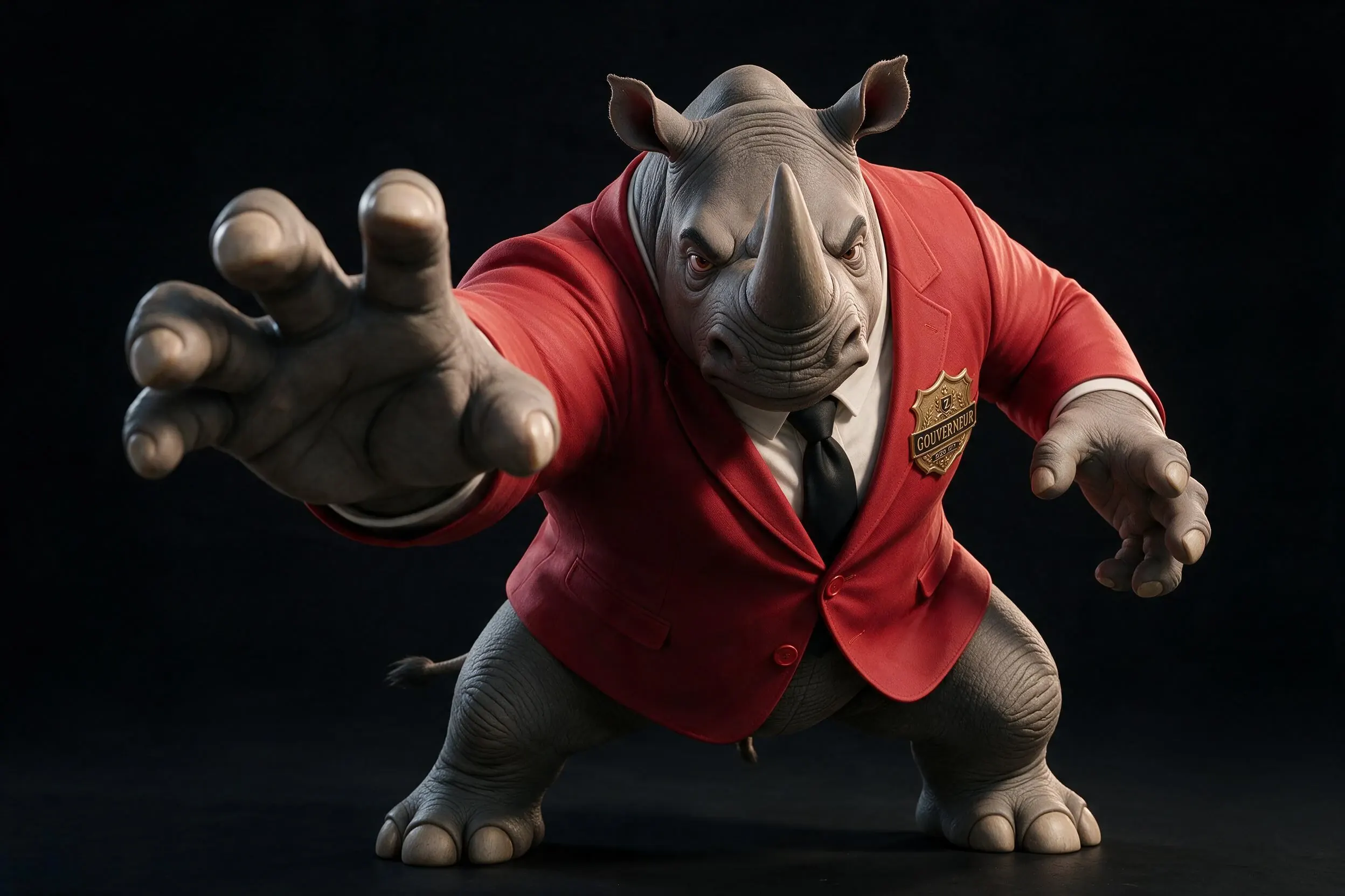 RED WALLAS prend une posture d’action dans son costume rouge