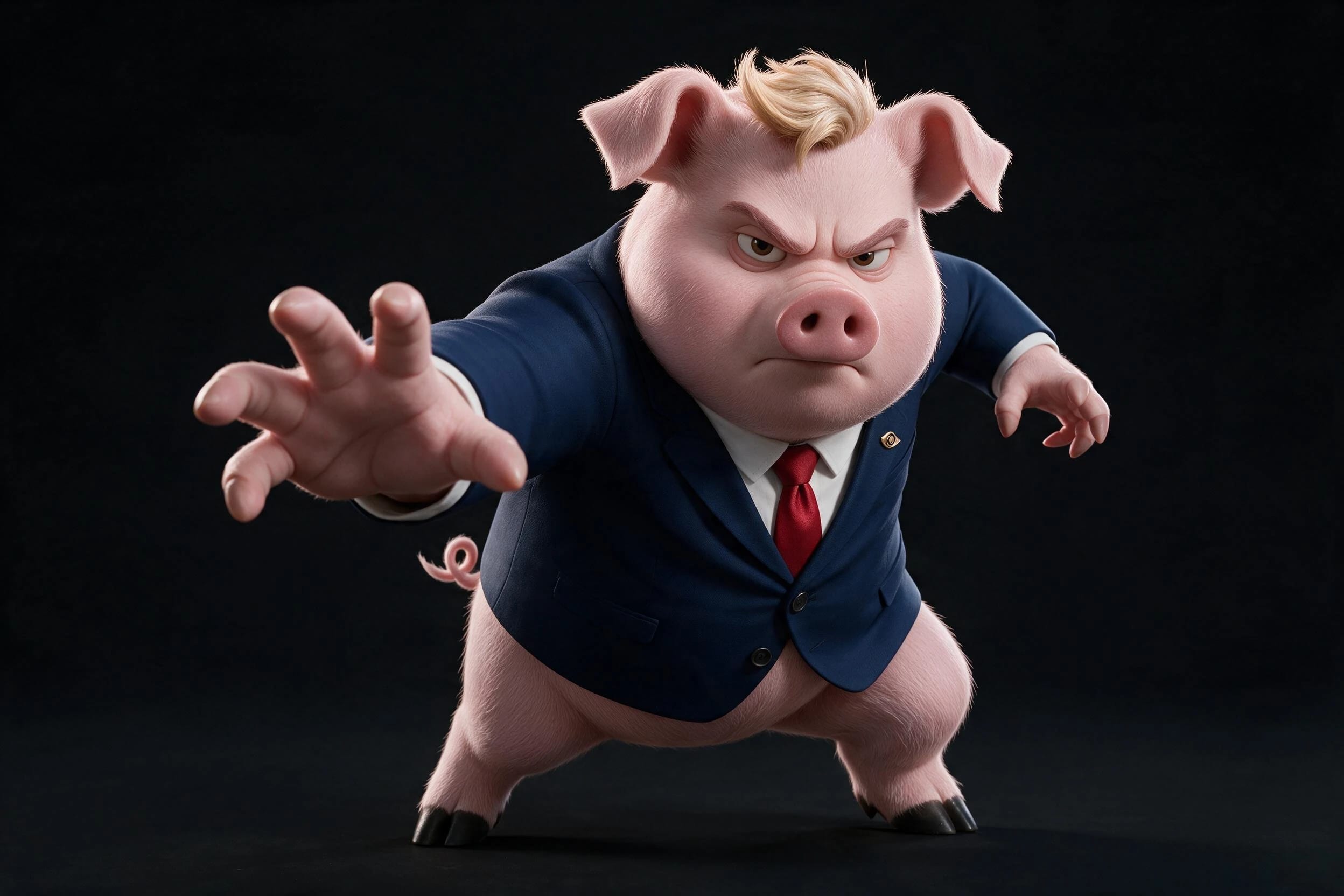 STRUMP JUNIOR tend la main vers l’objectif en posture d’action