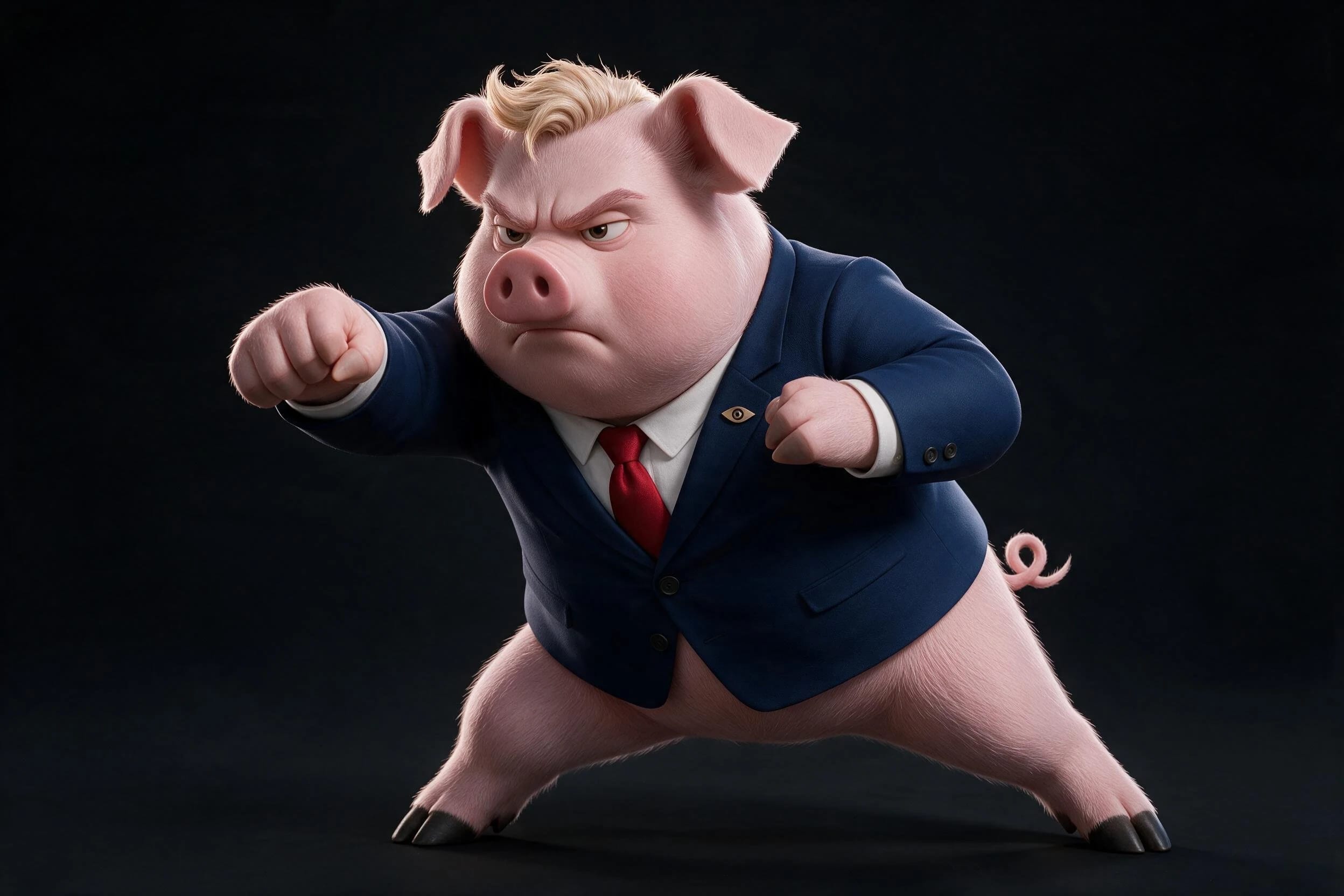 STRUMP JUNIOR prend une posture de garde dans son costume bleu
