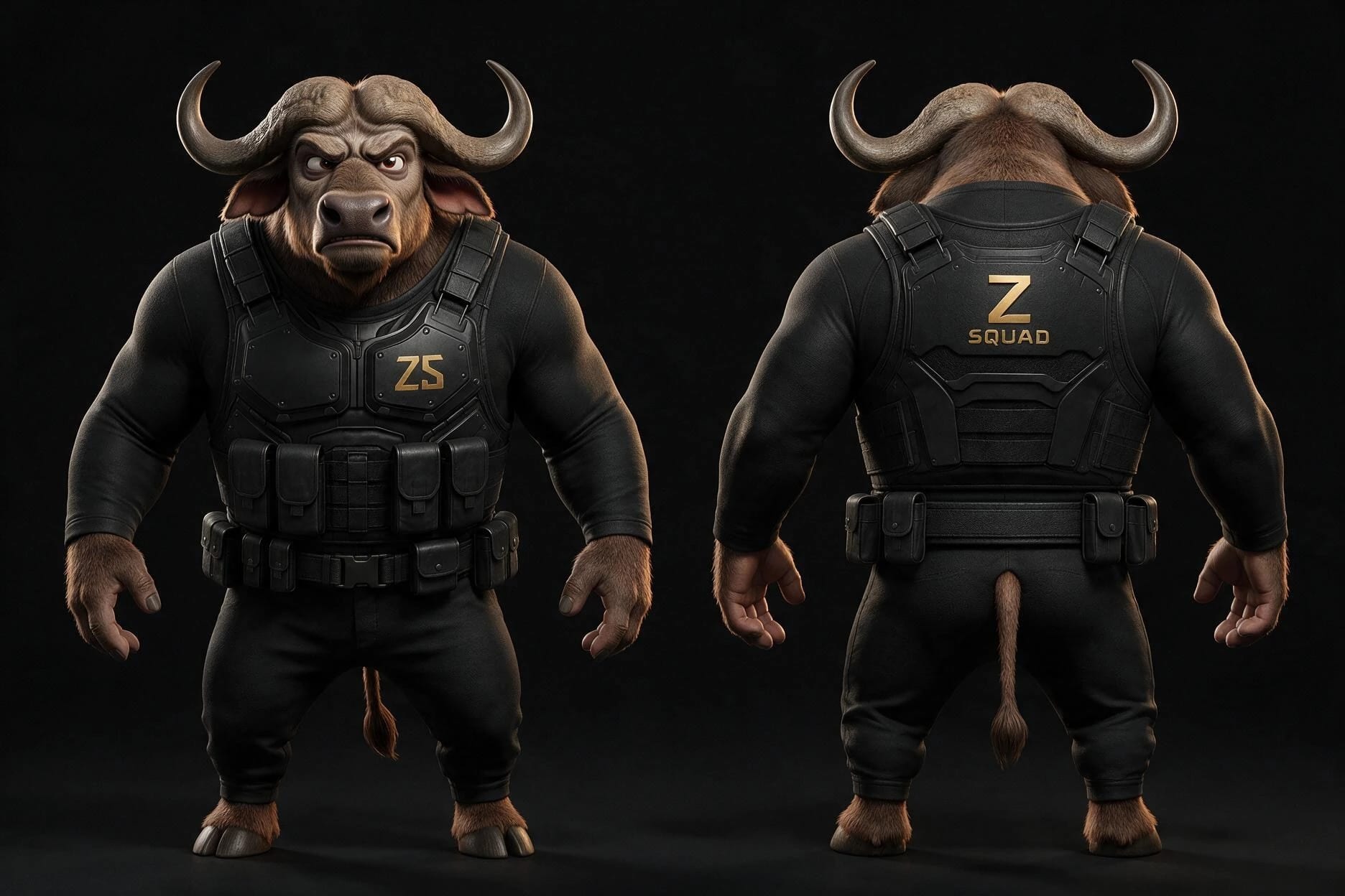 BUFFALO de face et de dos dans son uniforme de la Z SQUAD