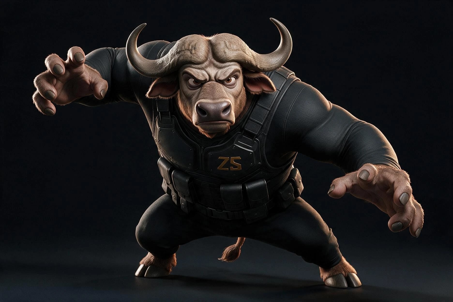 BUFFALO en posture d’intervention dans son uniforme de la Z SQUAD