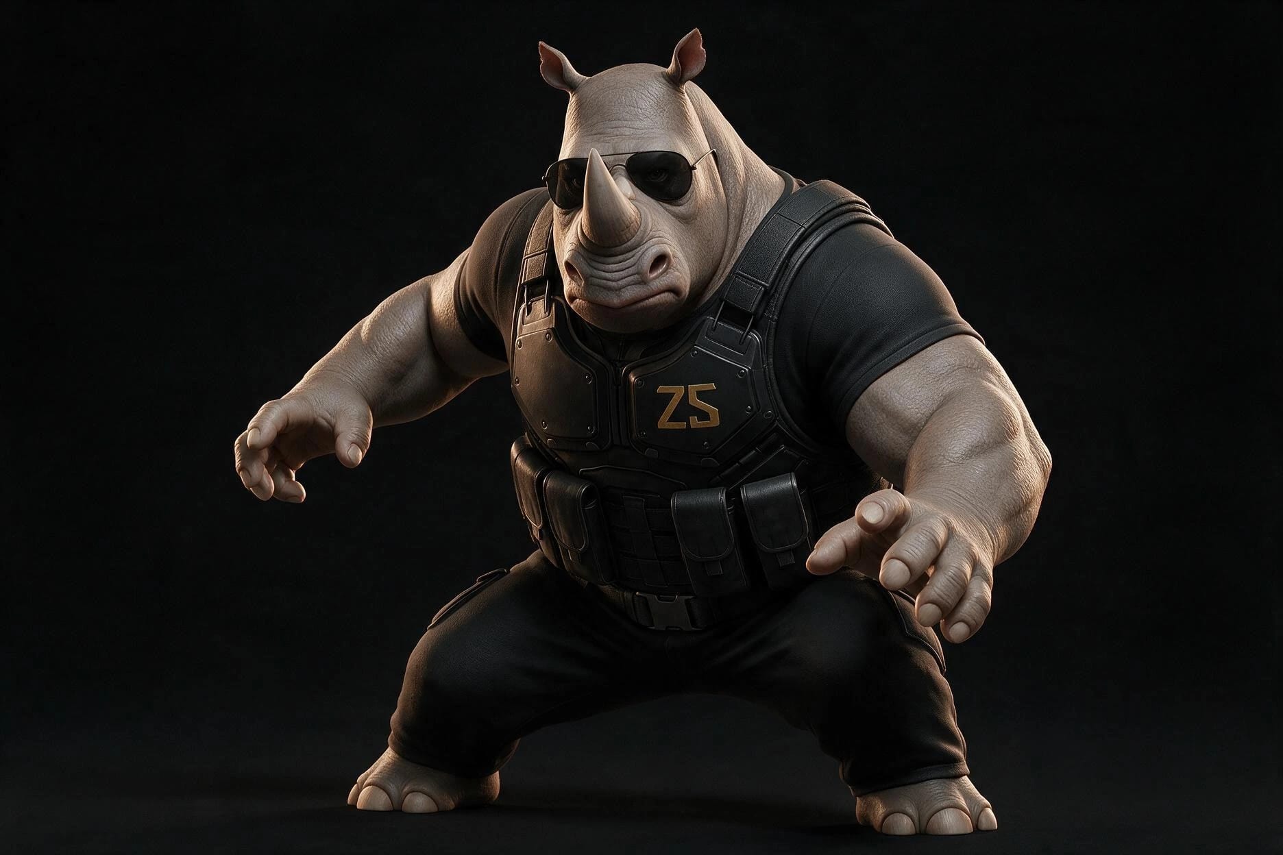 RENO en posture d’intervention dans son uniforme de la Z SQUAD