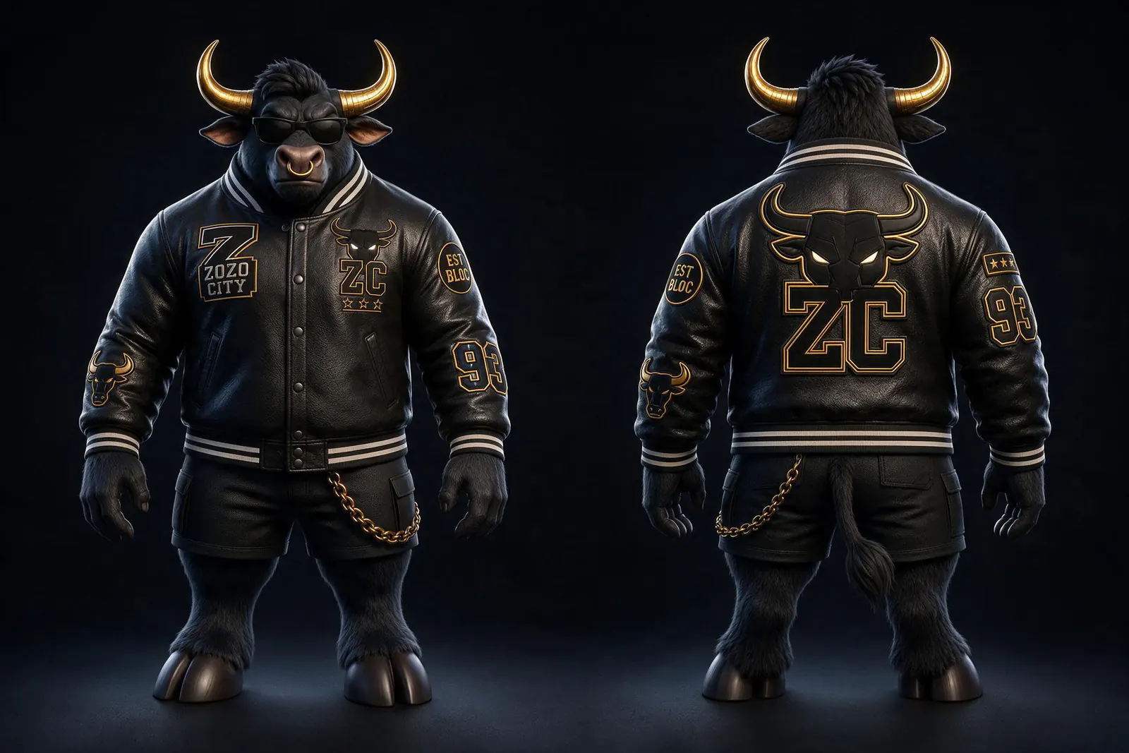 KORIDA BLACK présenté de face et de dos dans son blouson noir aux motifs dorés