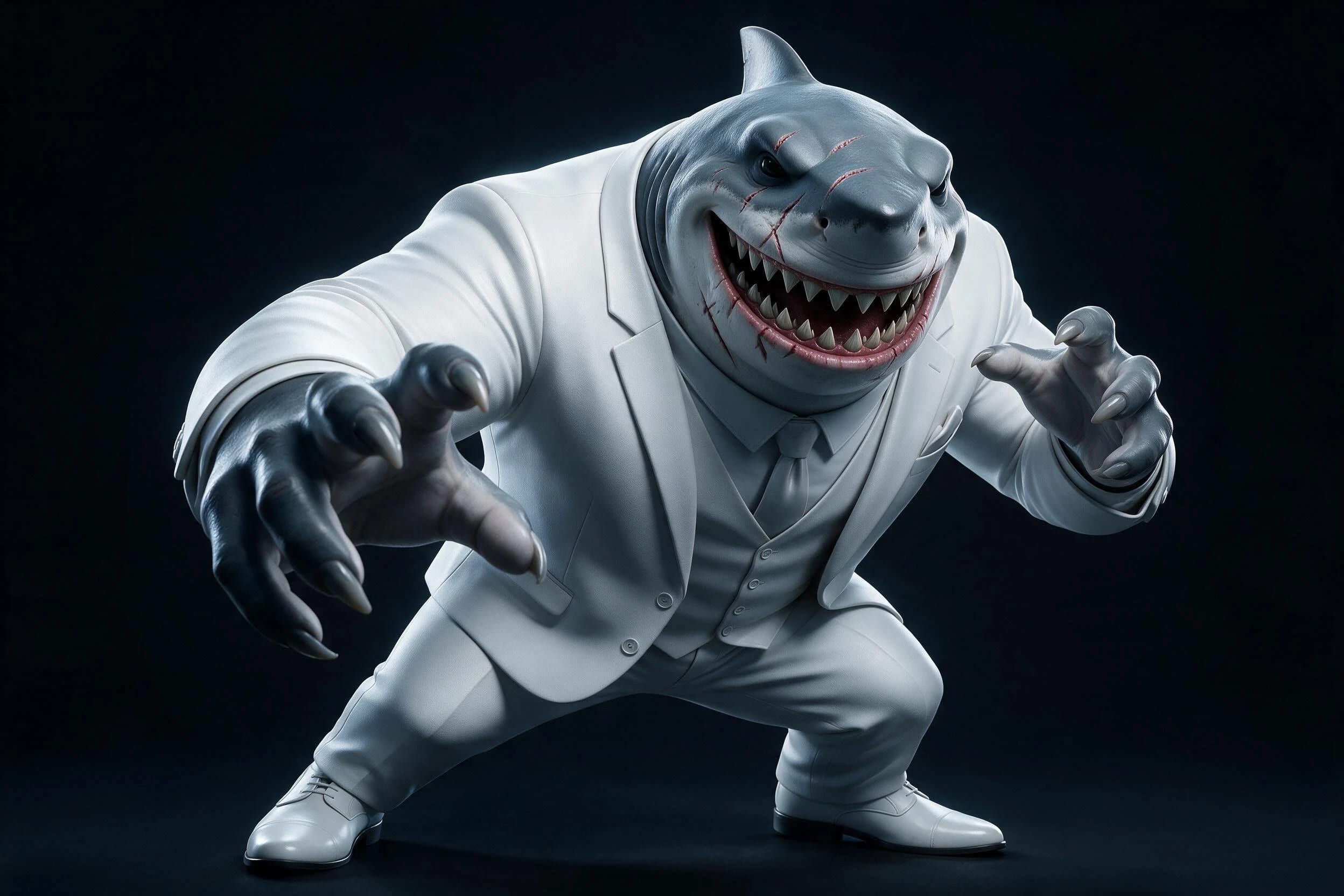 ALPHA SQUAL en pose de acción con su traje blanco