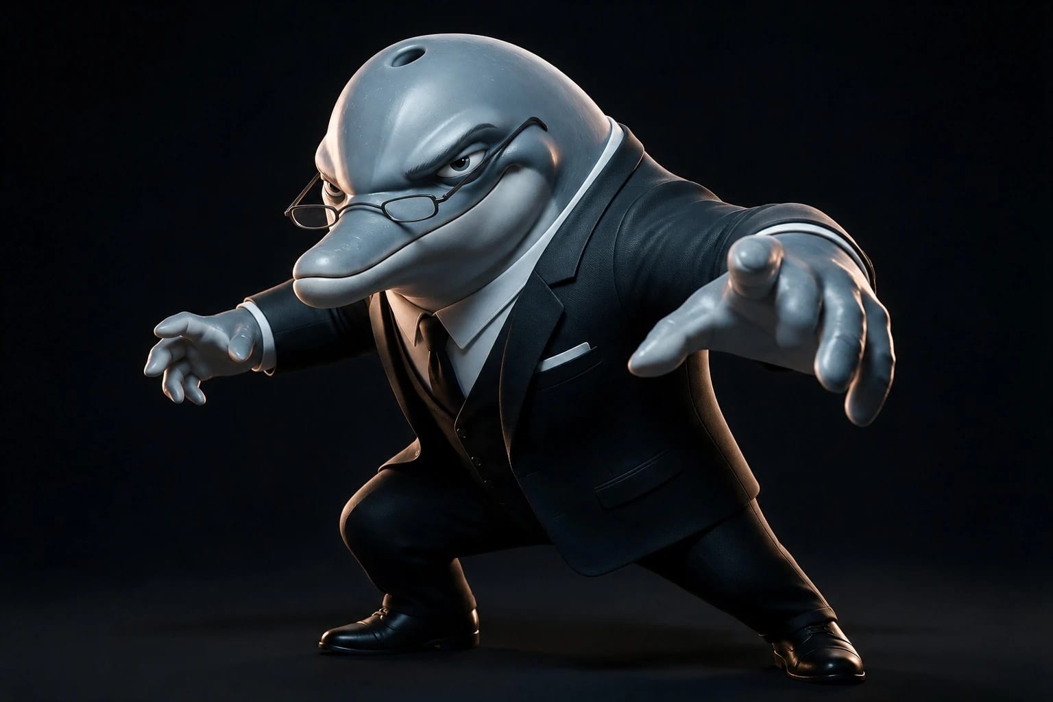 FLIPPER in an action pose wearing his black suit