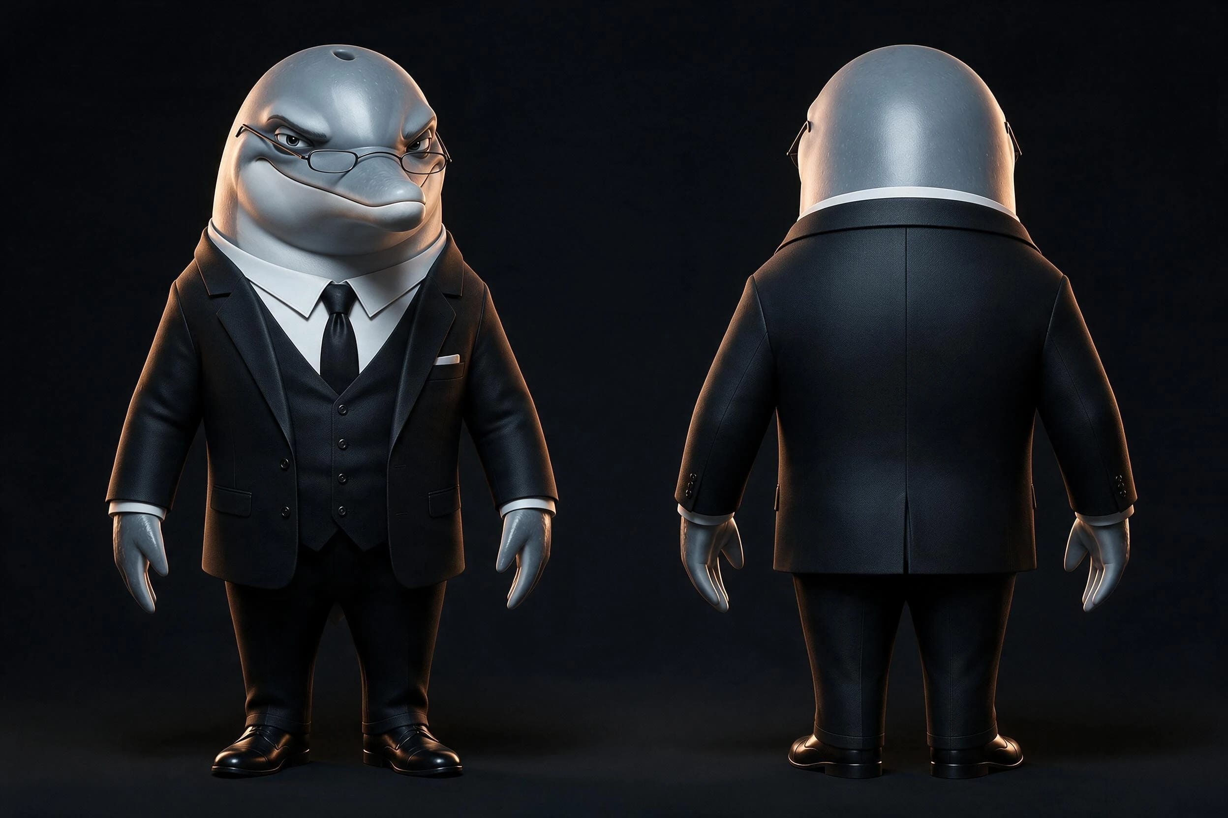 Reference sheet of FLIPPER from the front and back in his black suit