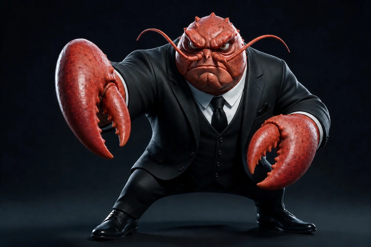 HOMER LONDON in an action pose with his claws forward, wearing his black suit