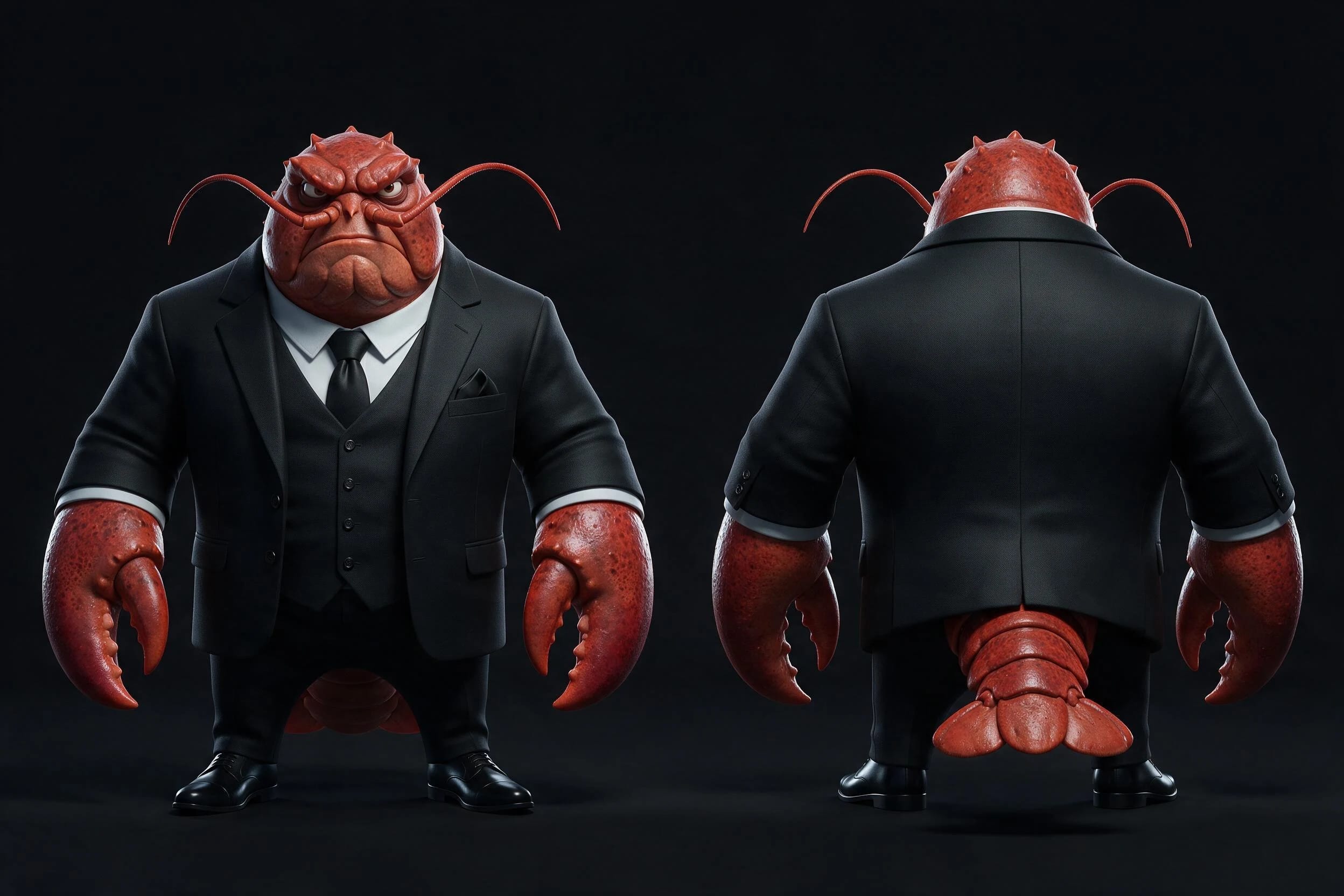 Reference sheet of HOMER LONDON from the front and back in his black suit