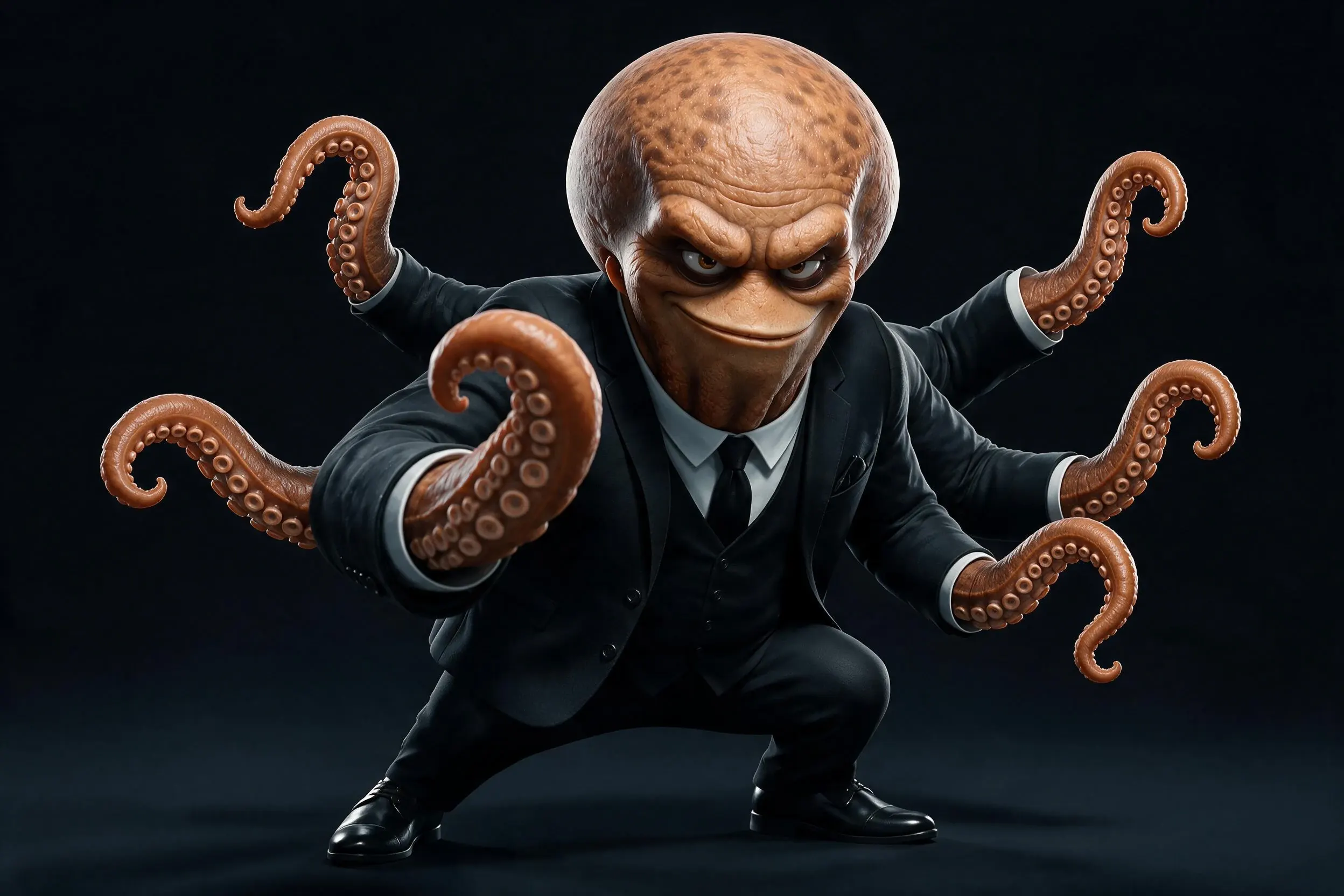 OCTO in an action pose with his tentacles spread, wearing his black suit