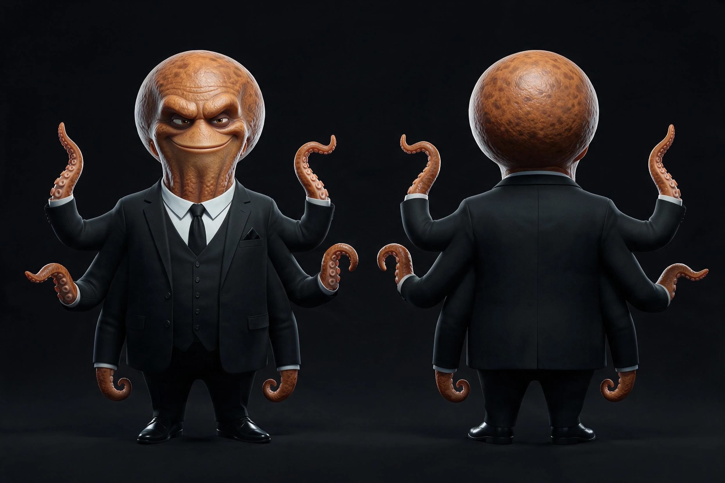 Reference sheet of OCTO from the front and back in his black suit