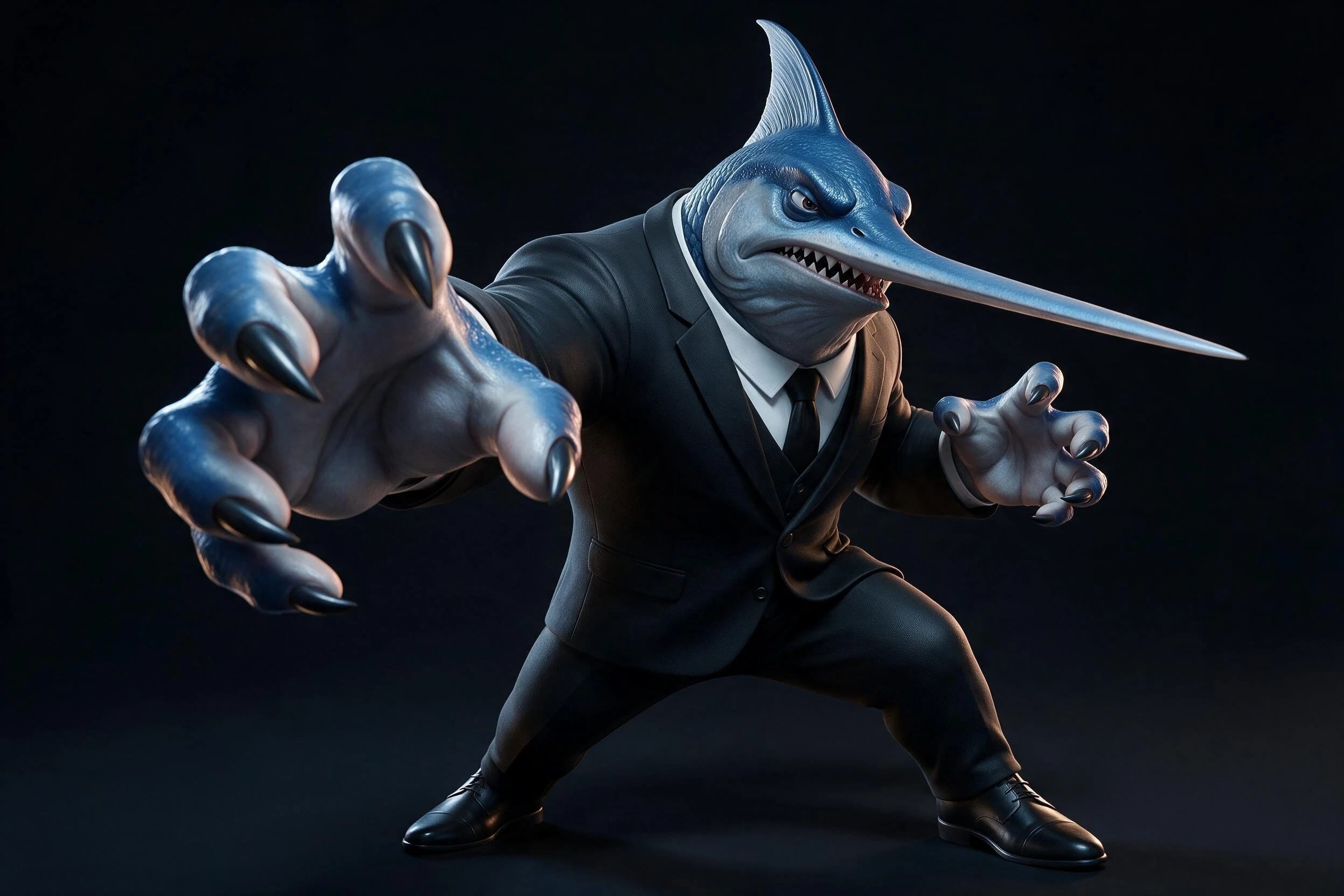 PICK KILLER en posture d’action dans son costume noir